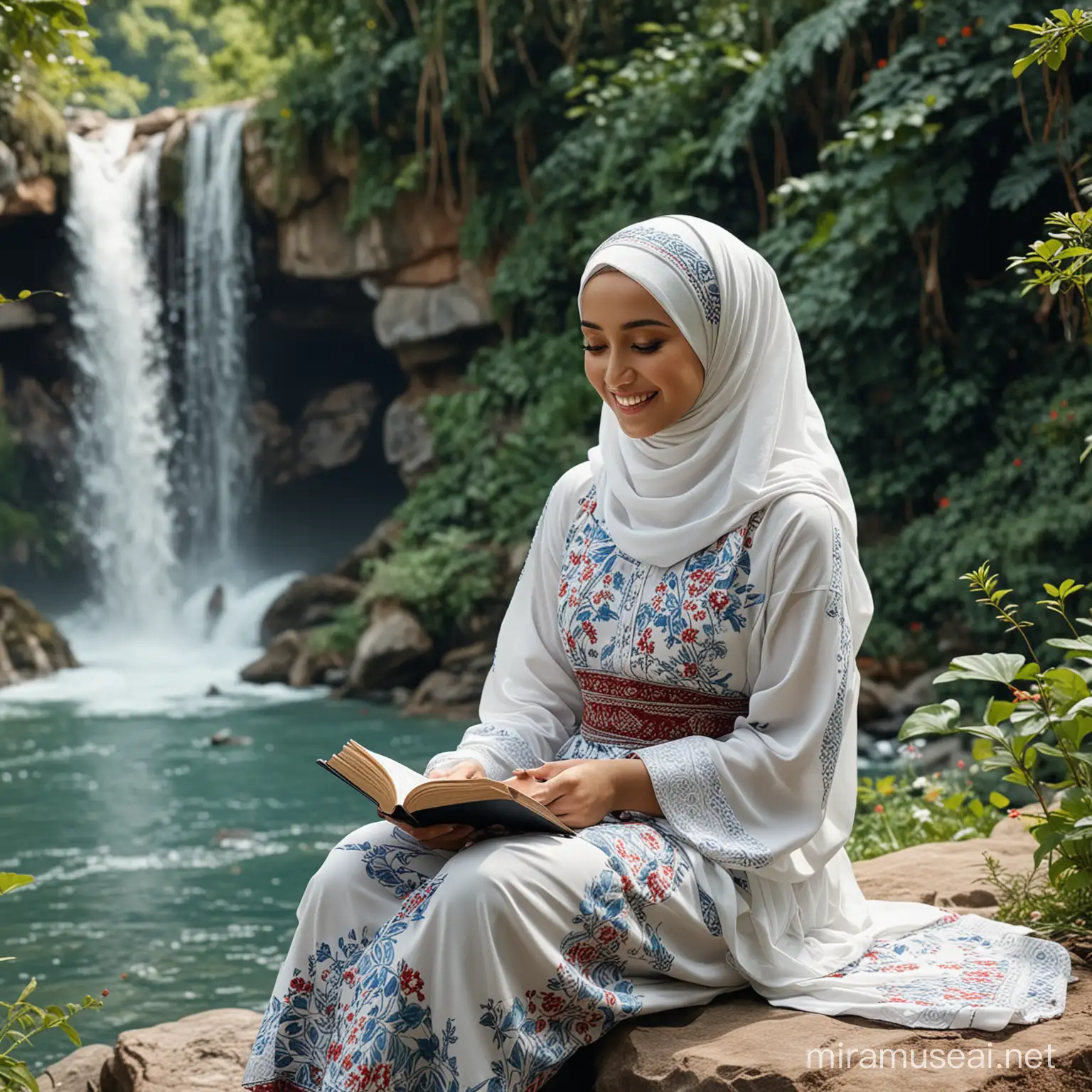 Realpict a hijaber women muslimah, young girl 25 years old, very beautifull, hijab, blue, white robe, rendra floral motif, batik, aesthetic, very detailed, realstic, smile face, happy and love, sitting on stone, background flower and natural jungle, waterfall and flowing river, birds, very beautiful, heavenly, reading al-Qur'an, nice girl, very smooth, red house, wall dynamic, modern, detailed, super HD, Realitic, 40K.