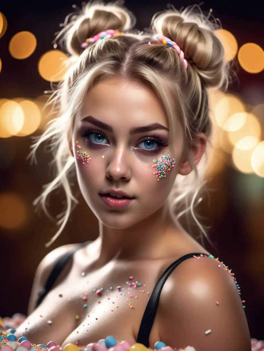 Beautiful Nordic woman, very attractive face, detailed eyes, big breasts, slim body, dark eye shadow, messy blonde hair in double buns, her lips covered with candy sprinkles, close up, bokeh background, soft light on face, rim lighting, facing away from camera, looking back over her shoulder, photorealistic, very high detail, extra wide photo, full body photo, aerial photo