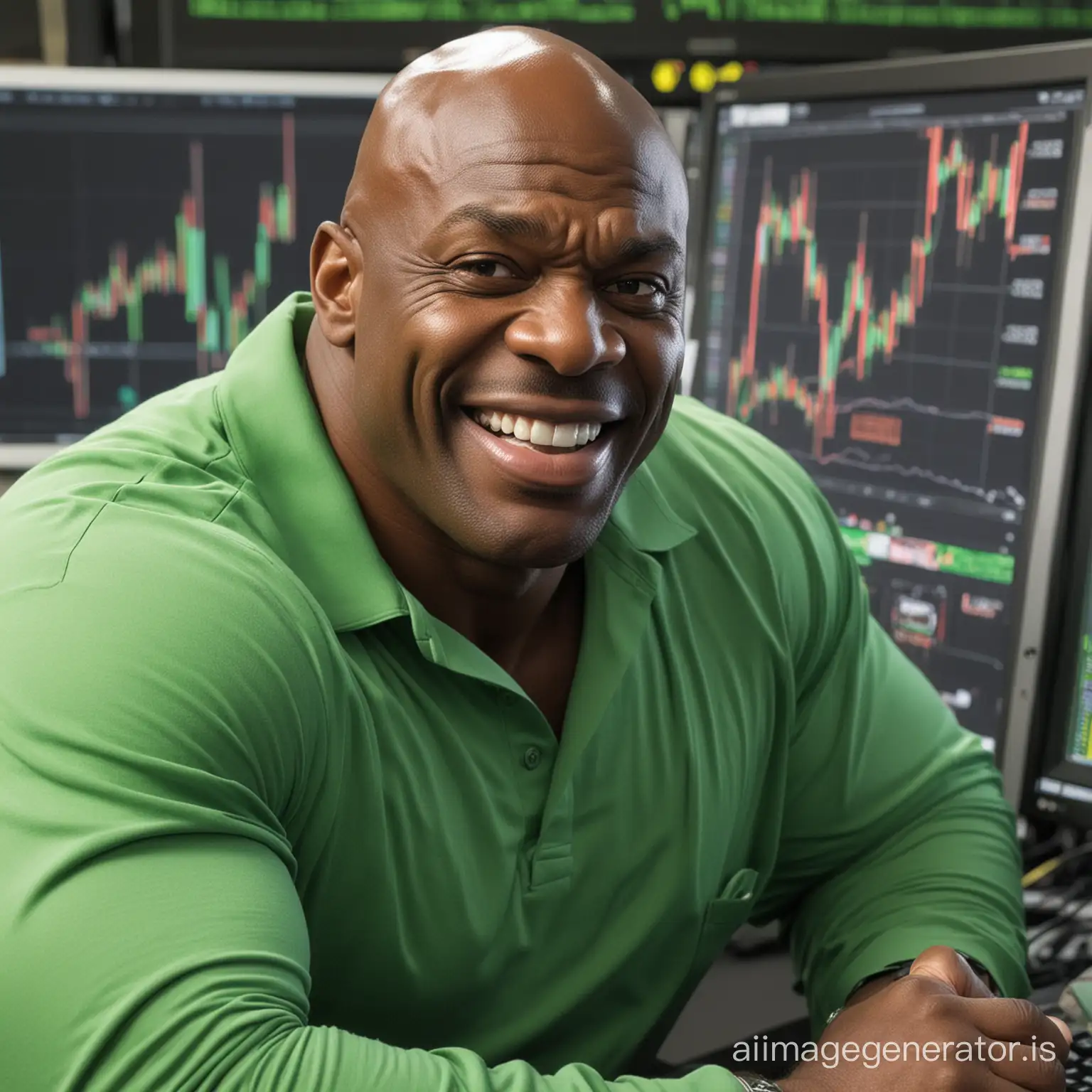 Ronnie Coleman sat at a computer trading, green positive trading chart, extreme happy expression