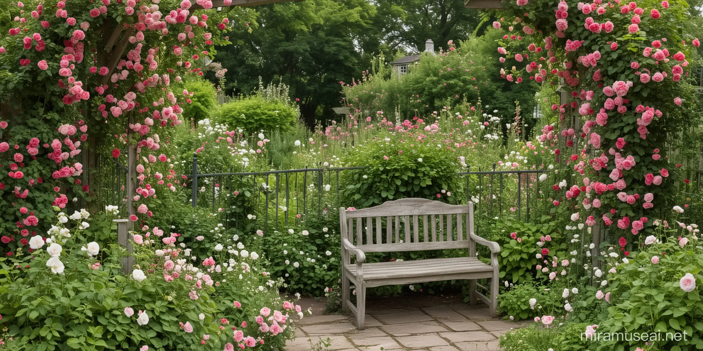 A romantic English cottage garden filled with climbing roses and hollyhocks, a rustic wooden bench nestled beneath a flowering arbor, the sound of a bubbling fountain in the background, attracting birds and creating a soothing ambiance
