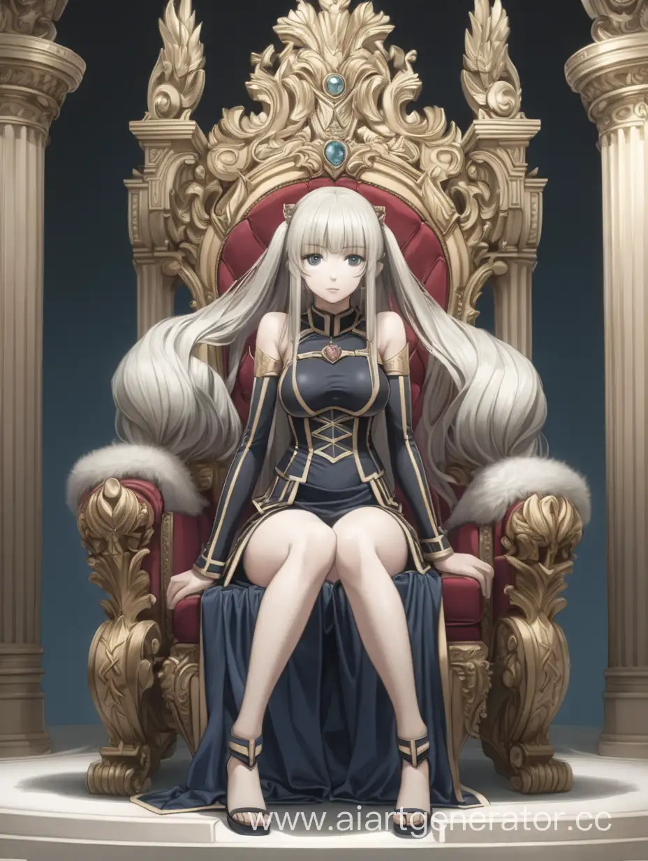Аниме девушка сидит в облегающей одежде на  троне, а рядом с ней стоит девушка облокотившись на трон
