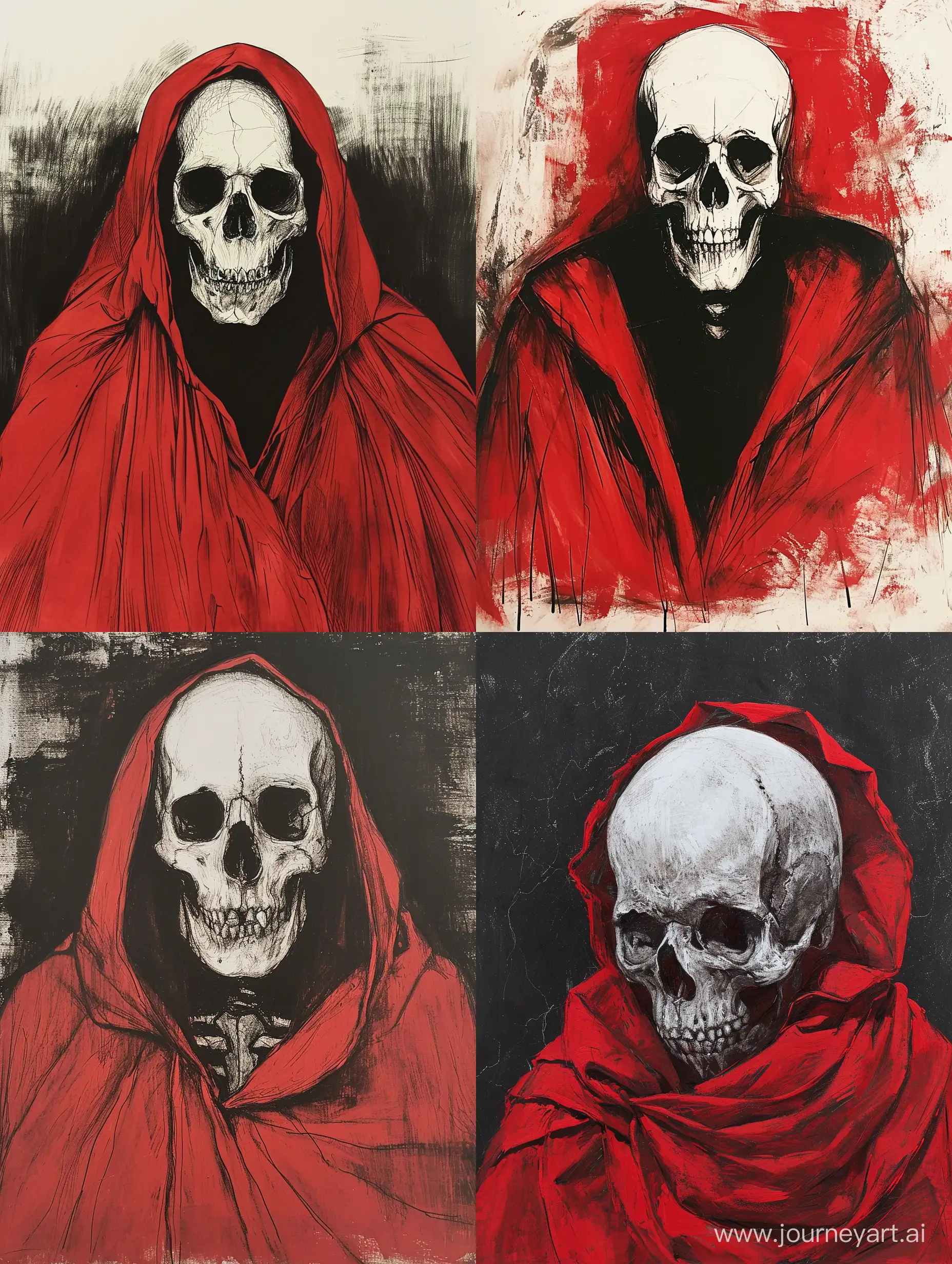 urban drawing with frontal white skull and red cloak