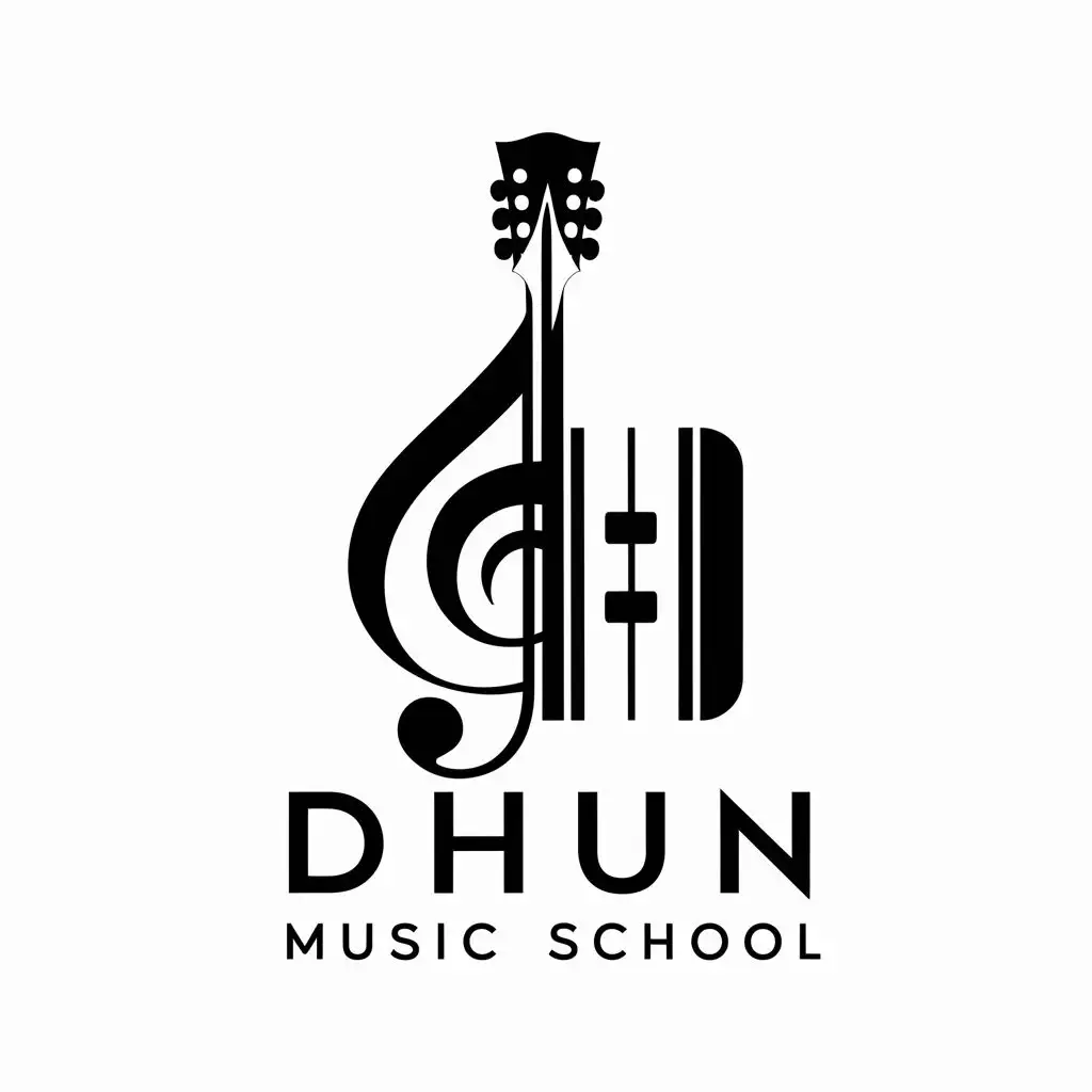 logo, clef and half guitar and Keyboard, with the text "DHUN Music School", typography