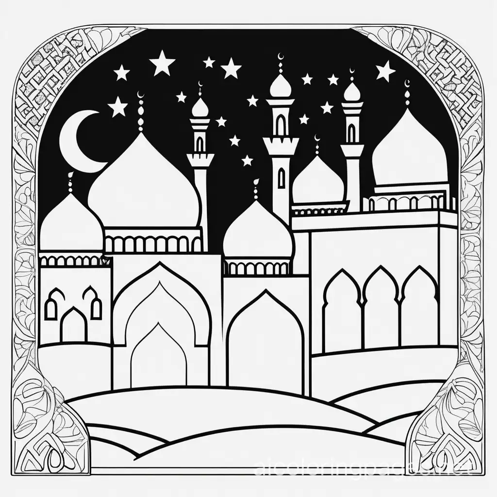 ramadan, Coloring Page, black and white, line art, white background, Simplicity, Ample White Space. The background of the coloring page is plain white to make it easy for young children to color within the lines. The outlines of all the subjects are easy to distinguish, making it simple for kids to color without too much difficulty