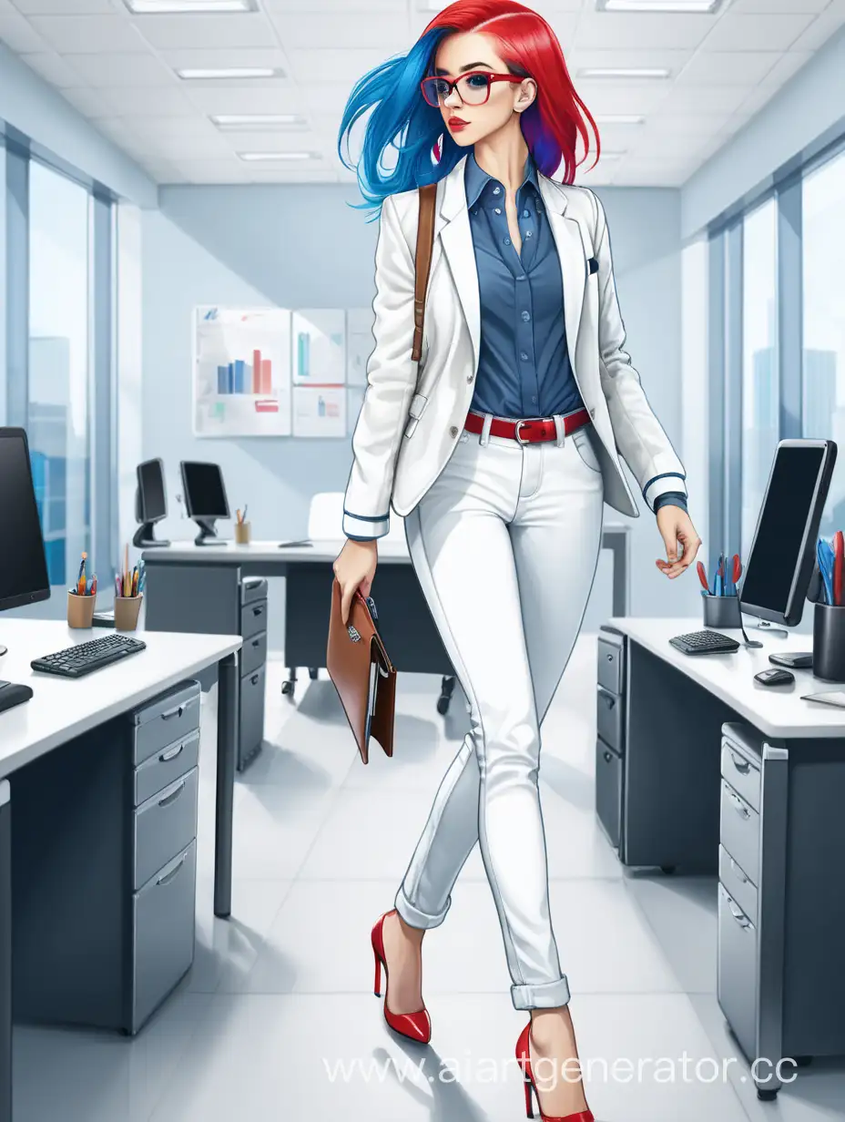 девушка одетая в белый пиджак, белые брюки, икрасные каблуки, с голубыми волосами идет по офису с портфелем в руках