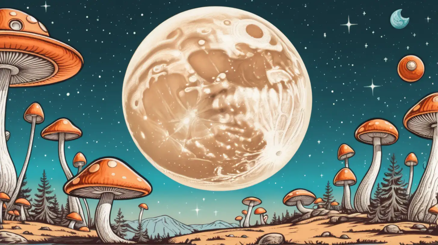 cartoon styled space background; bright color; flying saucers and a giant moon in the air; with brown mushrooms below


