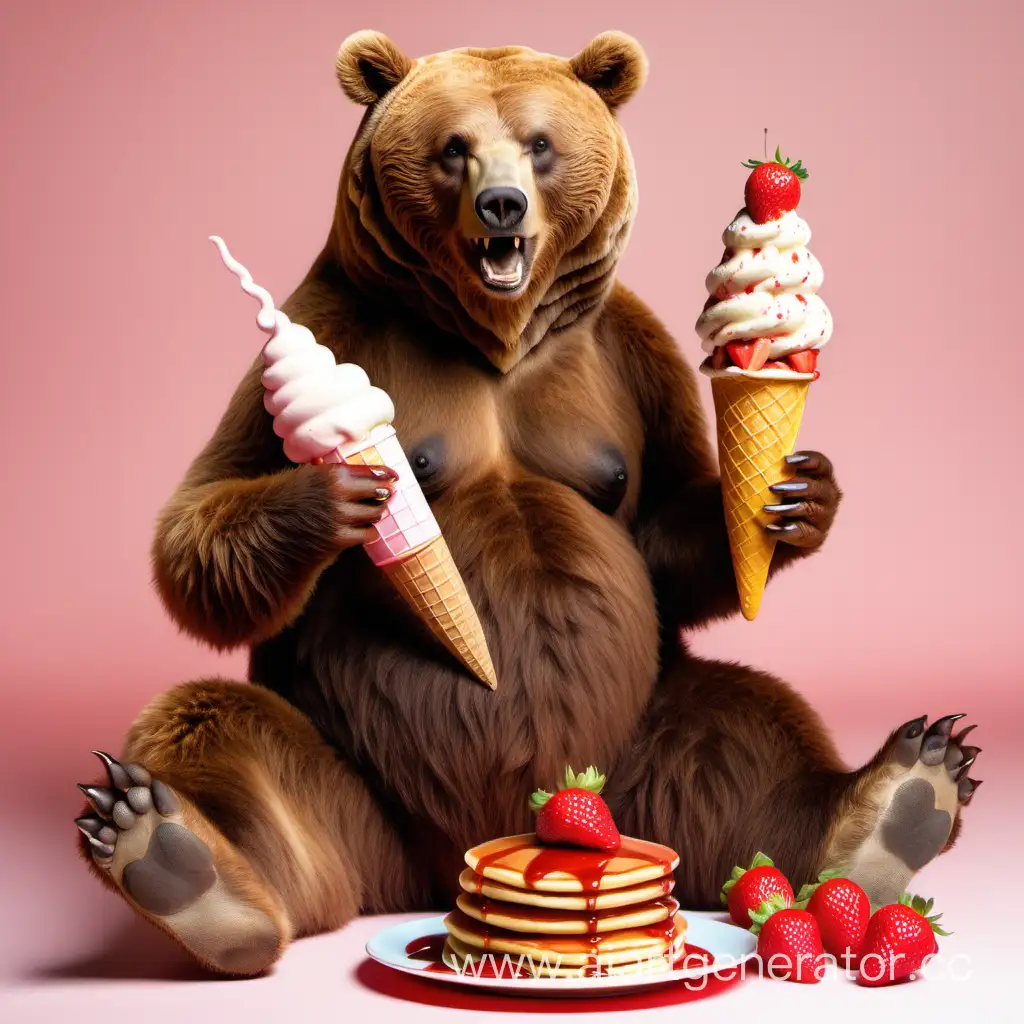 Реальный взрослый Бурый медведь сидит в лапе у него рожок с клубникой и бананом в сливках, другая лапа вытянута, на полу лежит стопка блинов политая сиропом. Взгляд добрый, 