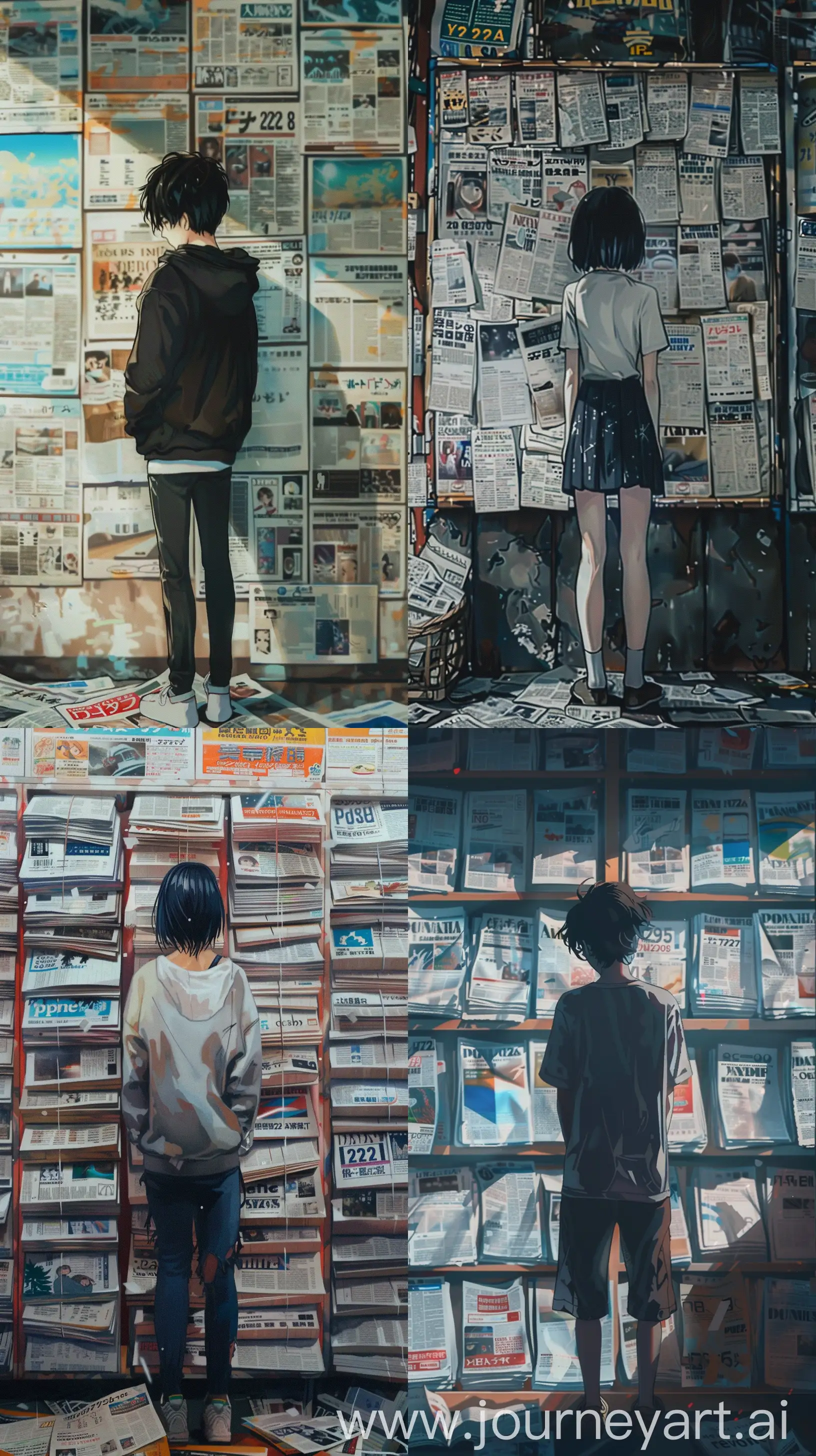aestethic y2k,anime,design,sticker,standing on front of wall with full of news papers --ar 9:16