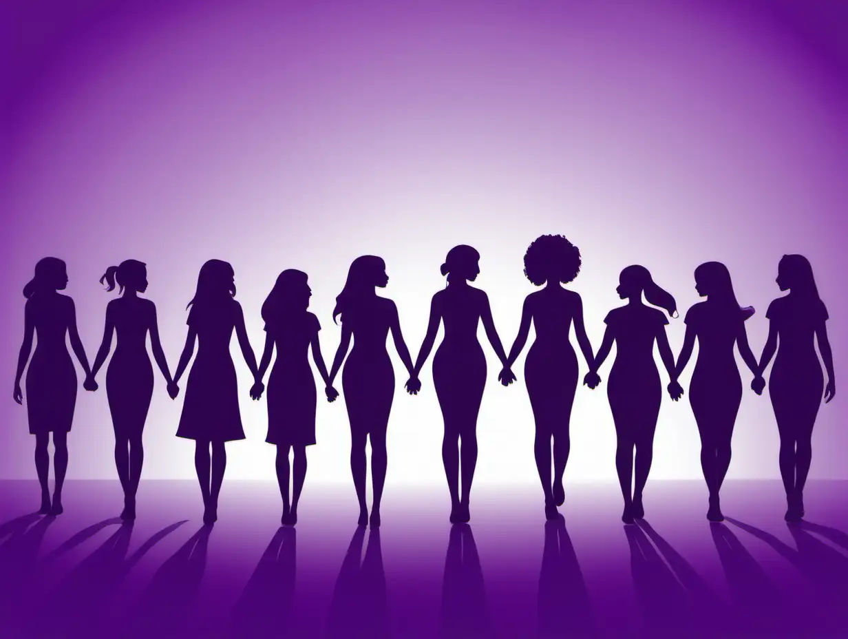 Silhouettes of women from different backgrounds holding hands, celebrating, a background of the world, the main colors are purple, green and white. 