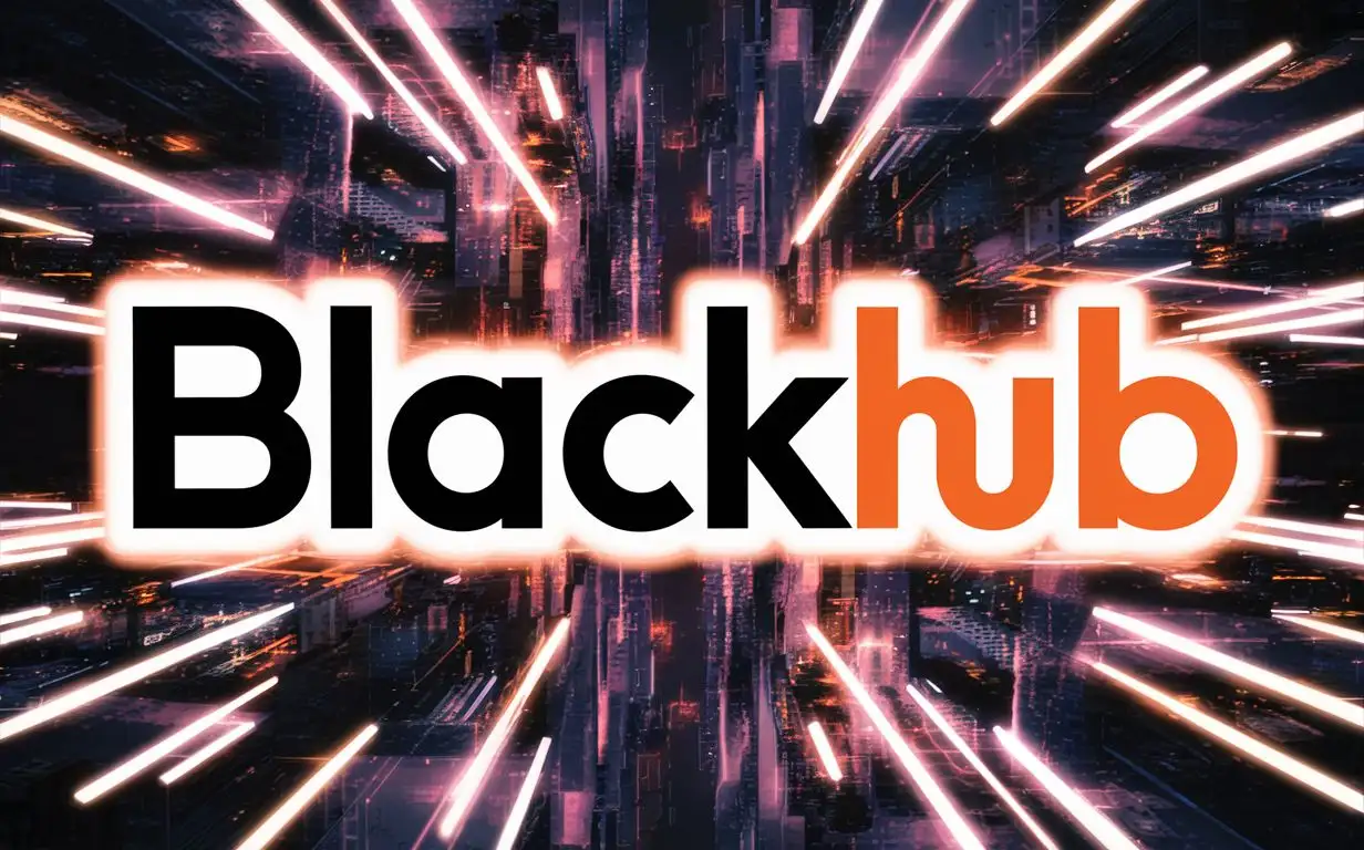 Создай красивую надпись BlackHub, black должно быть черным, hub оранжевым, на фоне находится город, надпись выделяется светлым контуром