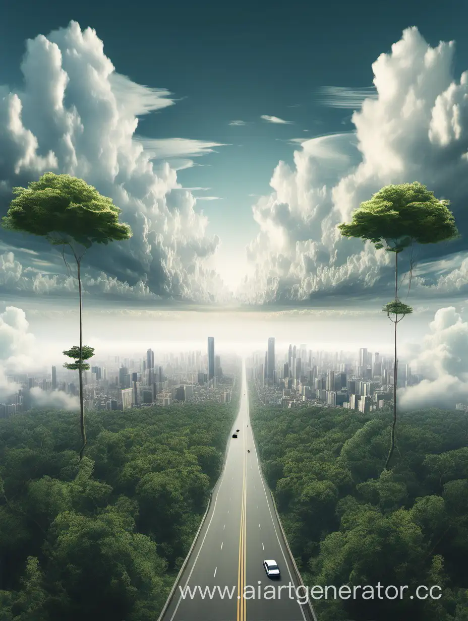 дорога слева направо, деревья, а над ними облака, а в облаках виднеется город