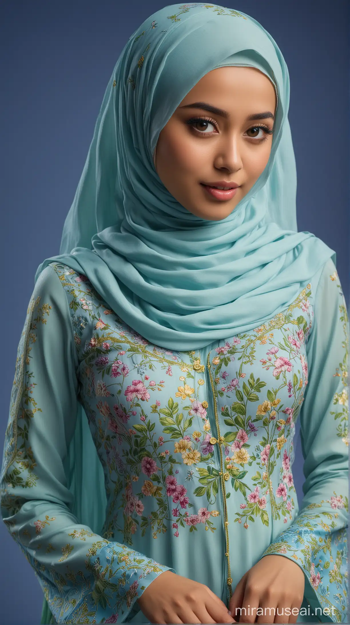 professional photography, 3D, HDR, 16K UHD, (full body shot, blue background), sturdy and beautiful Malaysian female medium breasts, rim light, elegant, highly detailed, digital painting, art station, sharp focus, glowing eyes, wear fully hijab lavendar and green loose baju kurung, cover whole body, floral patten, wear heels, Enhance, dynamic shot