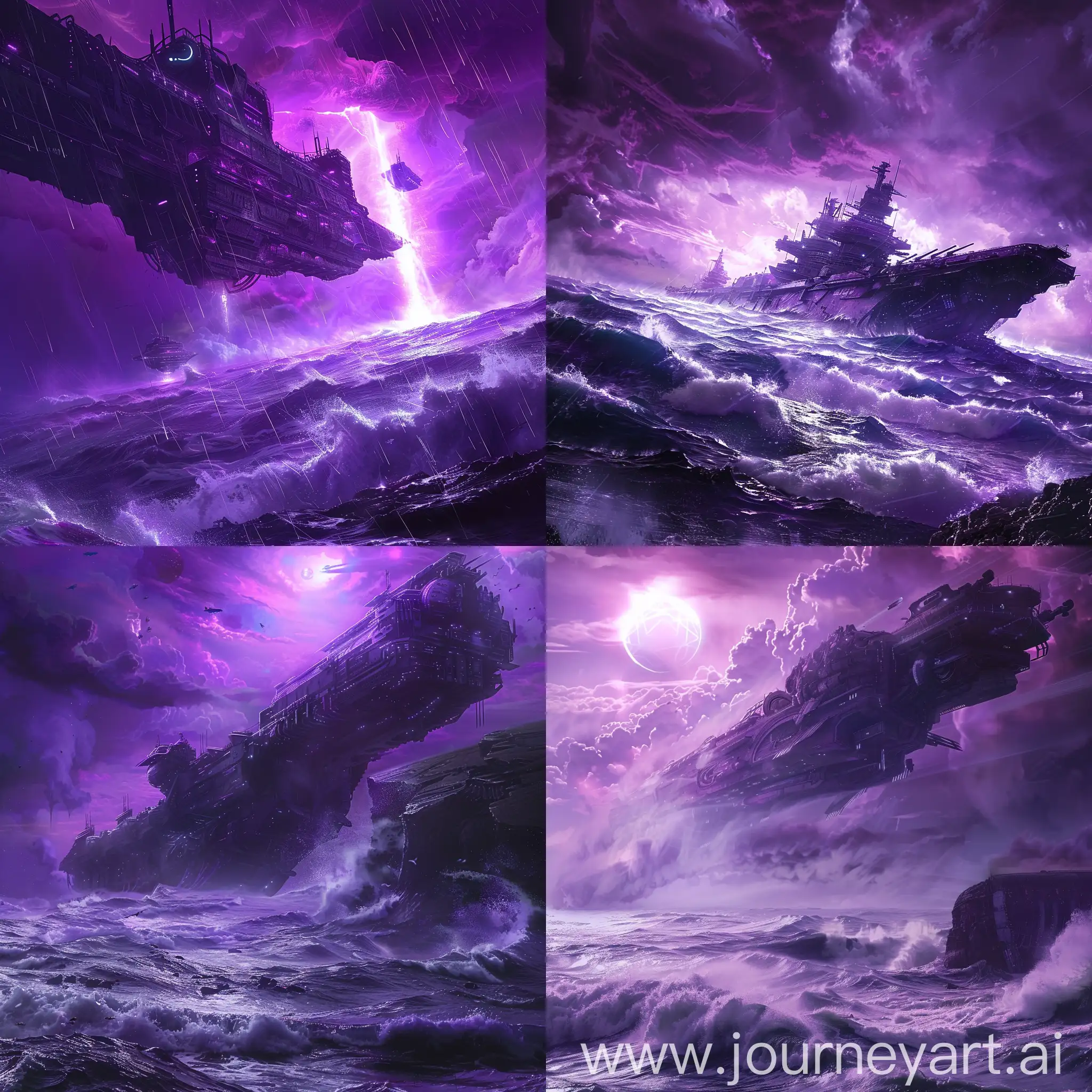 an eery yet bright violet skyline overlooking a giant and very advanced otherwordly ship in a tumultuous ocean, artistic cinematic 