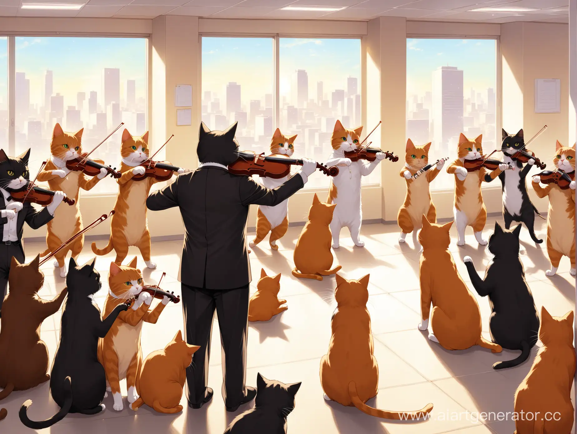 кот дирижирует оркестром из котов, на фоне офиса