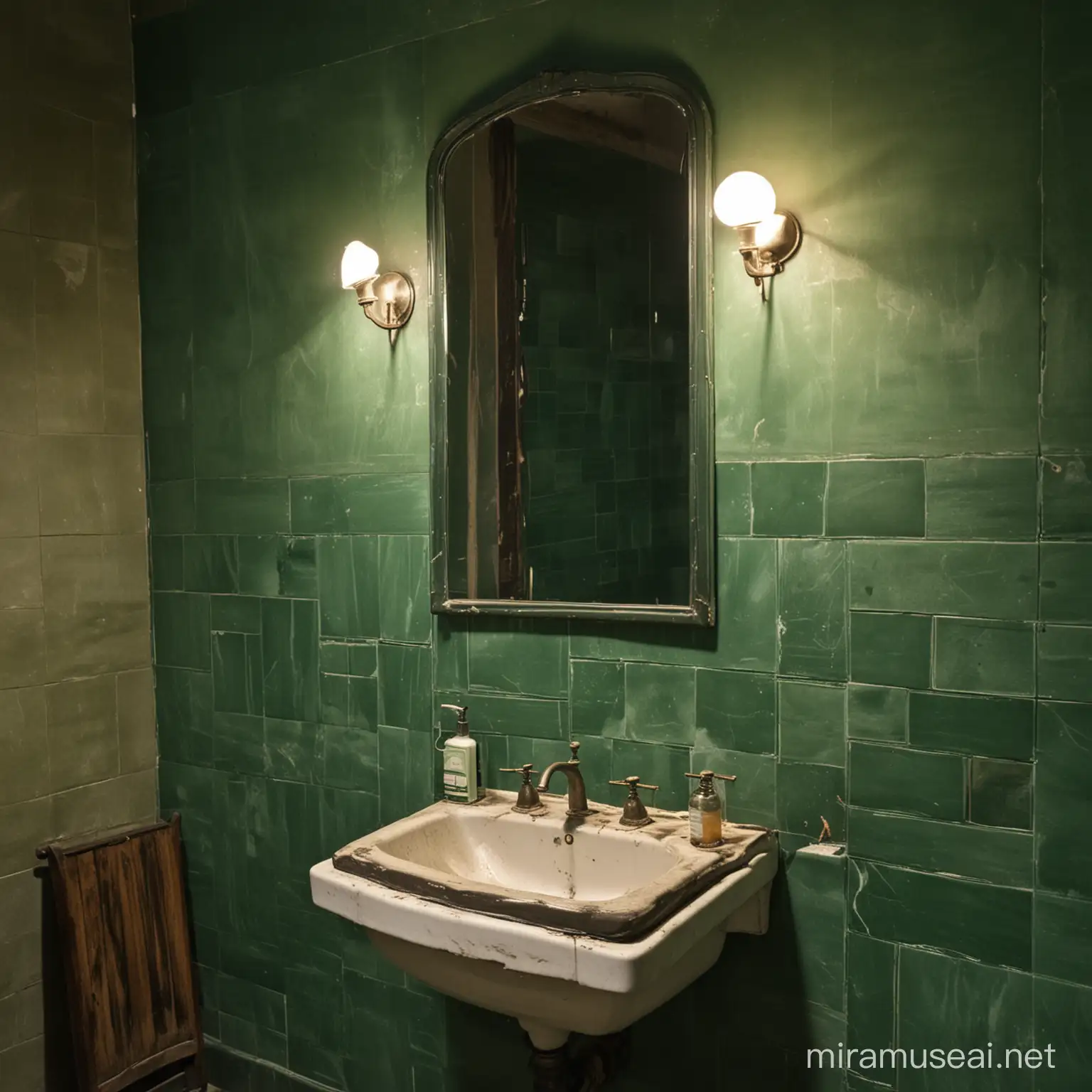 an old room with tiles on the walls, a mirror and a washbasin, dark green light