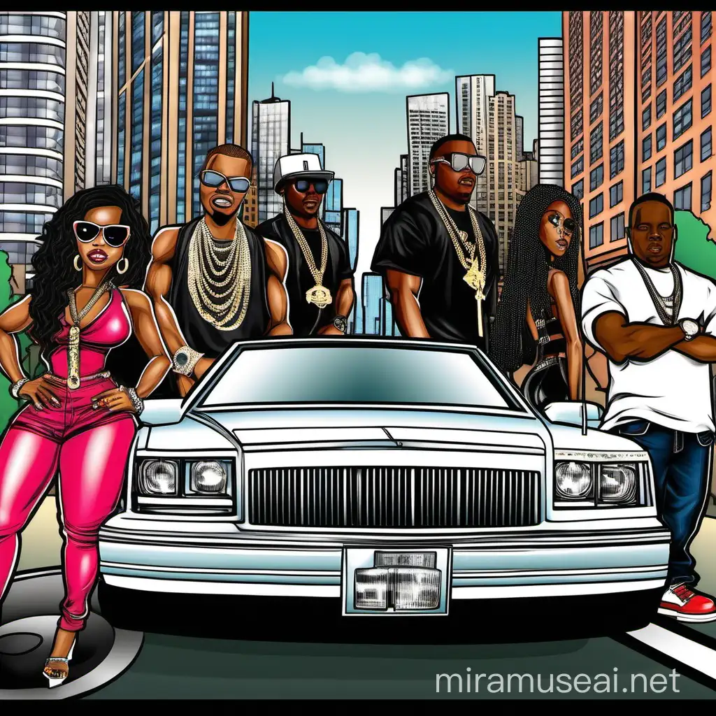 Blinged out pimoed iut rappers cruising through iconic city locations in a luxury car, showcasing the urban landscape and skyline.Feature shots of the city's architecture, nightlife, and cultural landmarks.  of the flashy rappers interacting with african american stunning fan girls, artists, and local communities to promote unity and connection in 2008 cartoon model