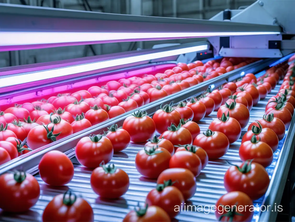 A high tech tomato scanning in a conveyor ,with strong pink grow lights ,the conveyor should me long with tomatoes over it ,the environment should have high tech instruments and process automation systems 
 is high tech factory environment, with computers and process automation equipments ,different size of tomatos not in order   
