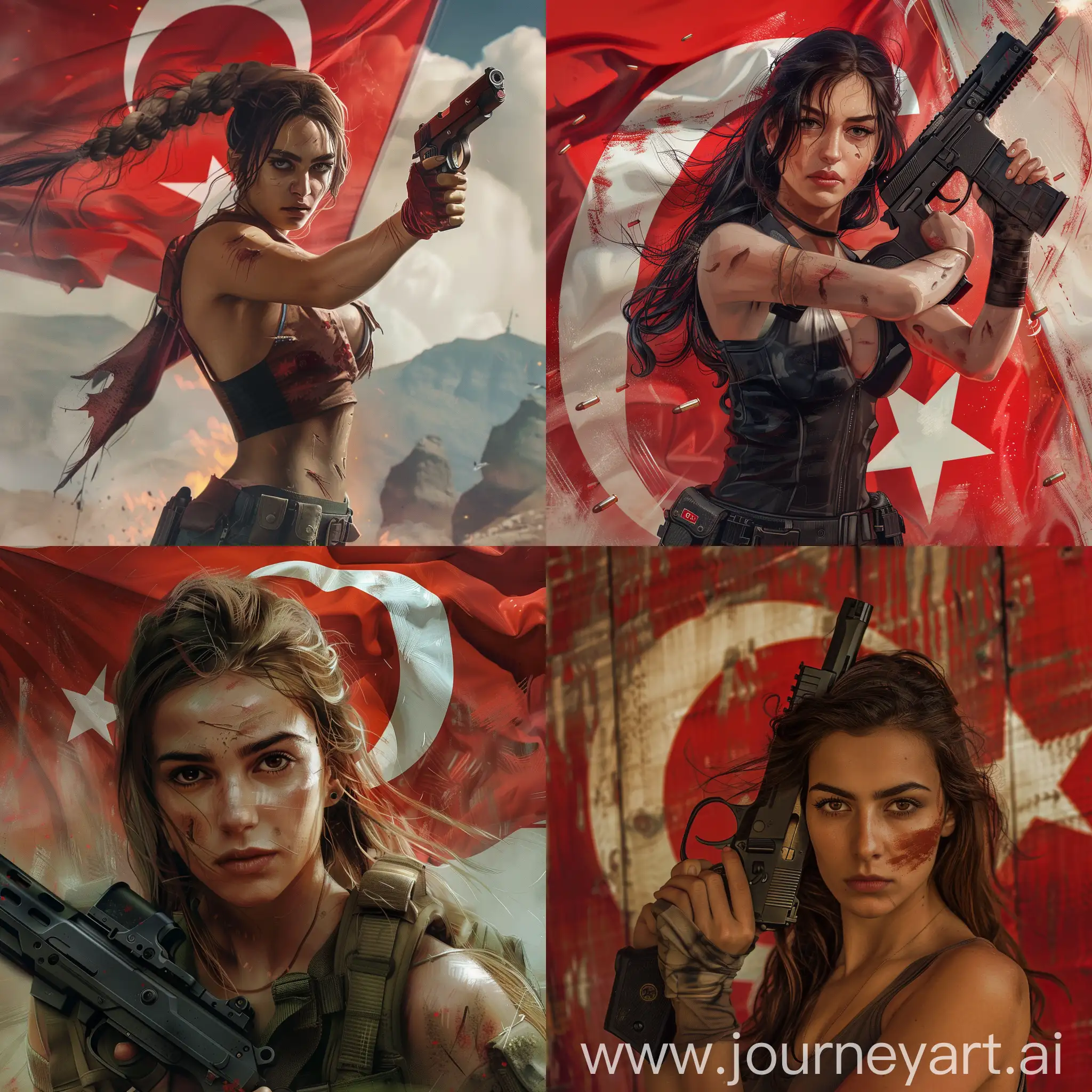 Girl-Holding-Gun-with-Turkish-Flag-Background