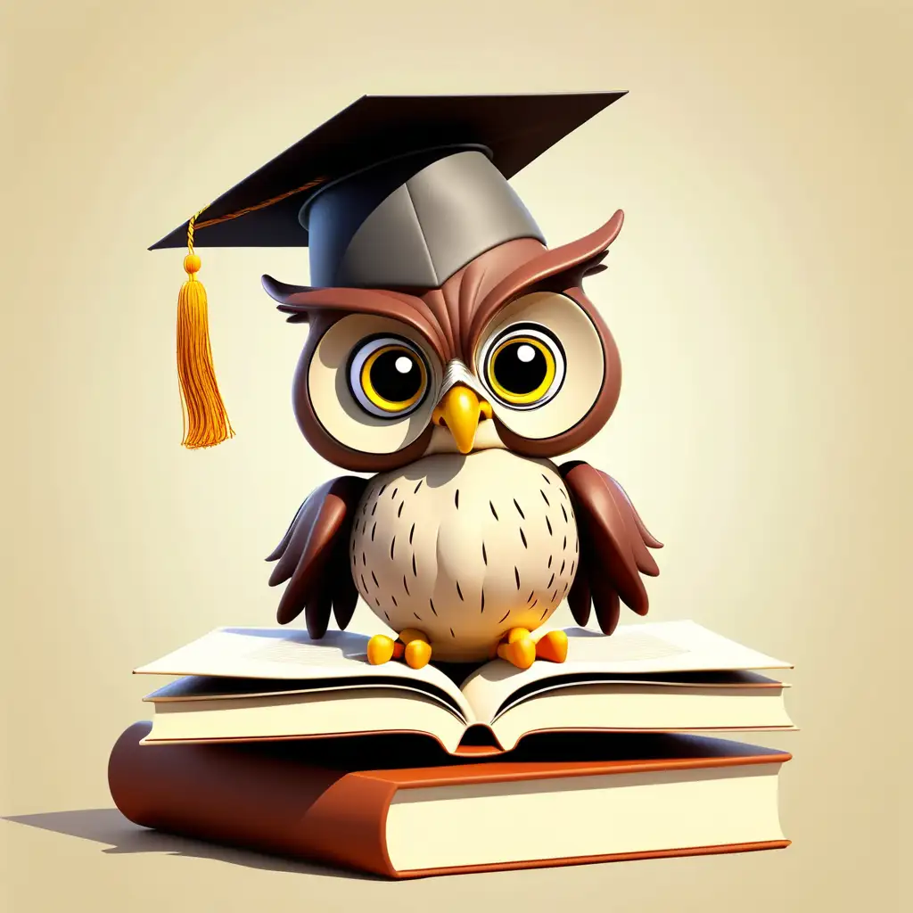 Wise Owl Cartoon Wearing Graduation Hat and Holding a Book