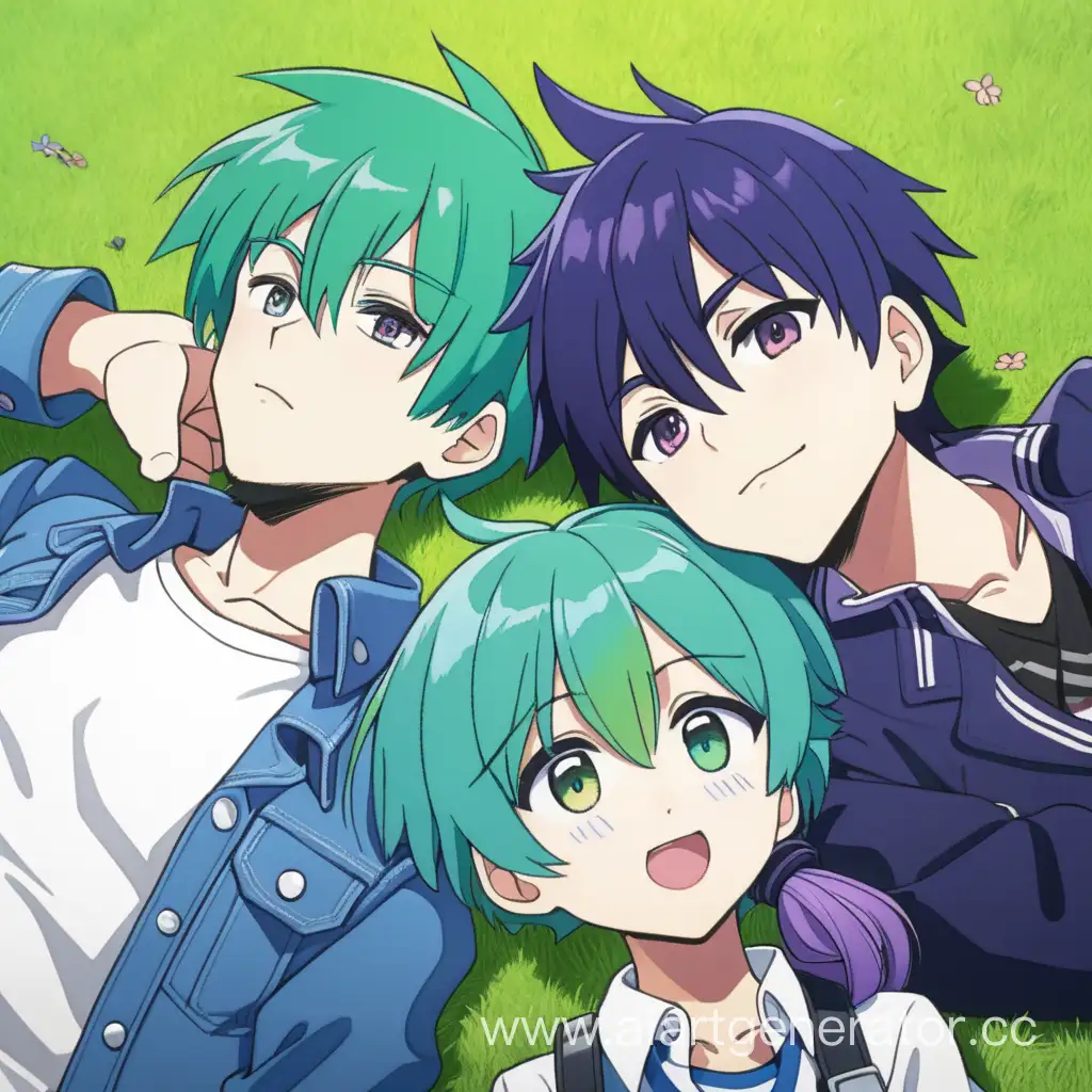 Два аниме мальчика лежат на траве, у одного зелёные волосы, а у другого черные, рядом с мальчиком у которого зелёные волосы, лежит девочка с фиолетовыми волосами 

