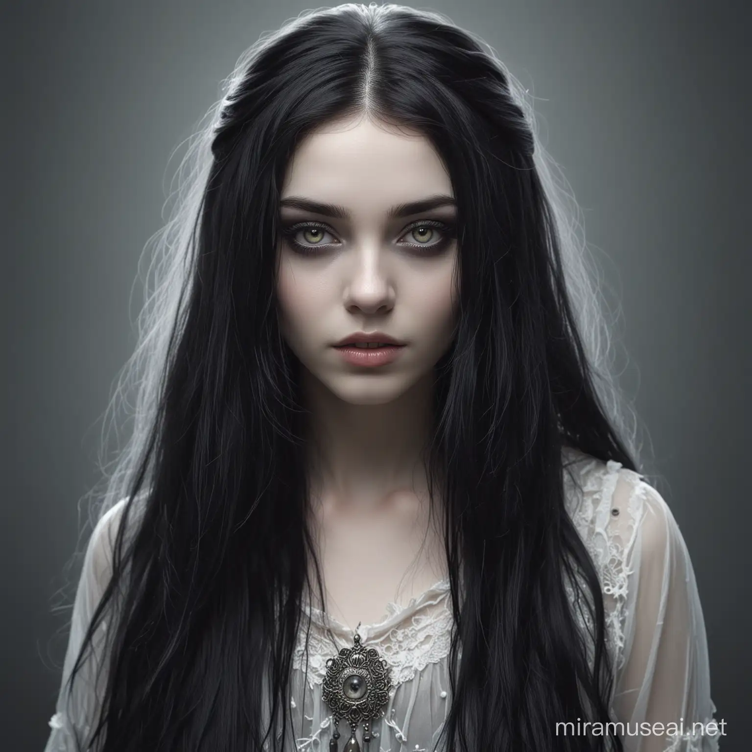 beautiful pale noble undead teenage woman with long black hair and opaque silver eyes