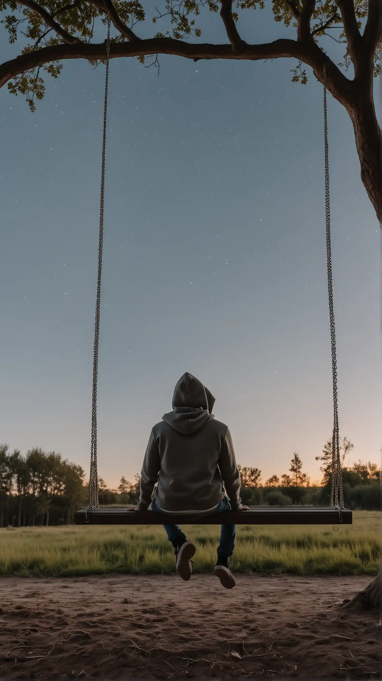 young guy from behind sitting in a swing, with a hoodie  looking at the clear sky
