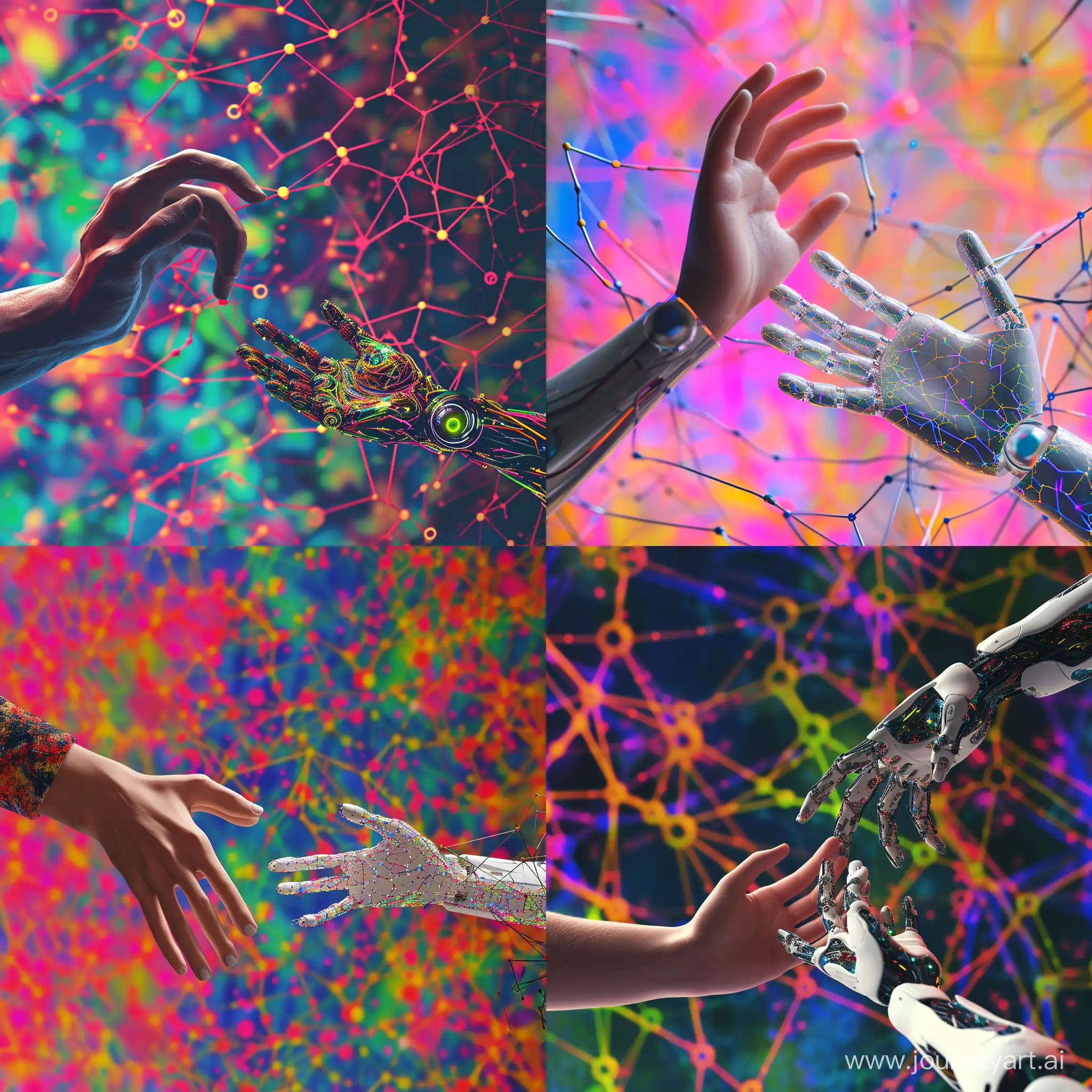 On a bright colorful background of neural networks two hands reach out, a human hand and a neural network robot hand, they want to cooperate; 8k ;photorealistic