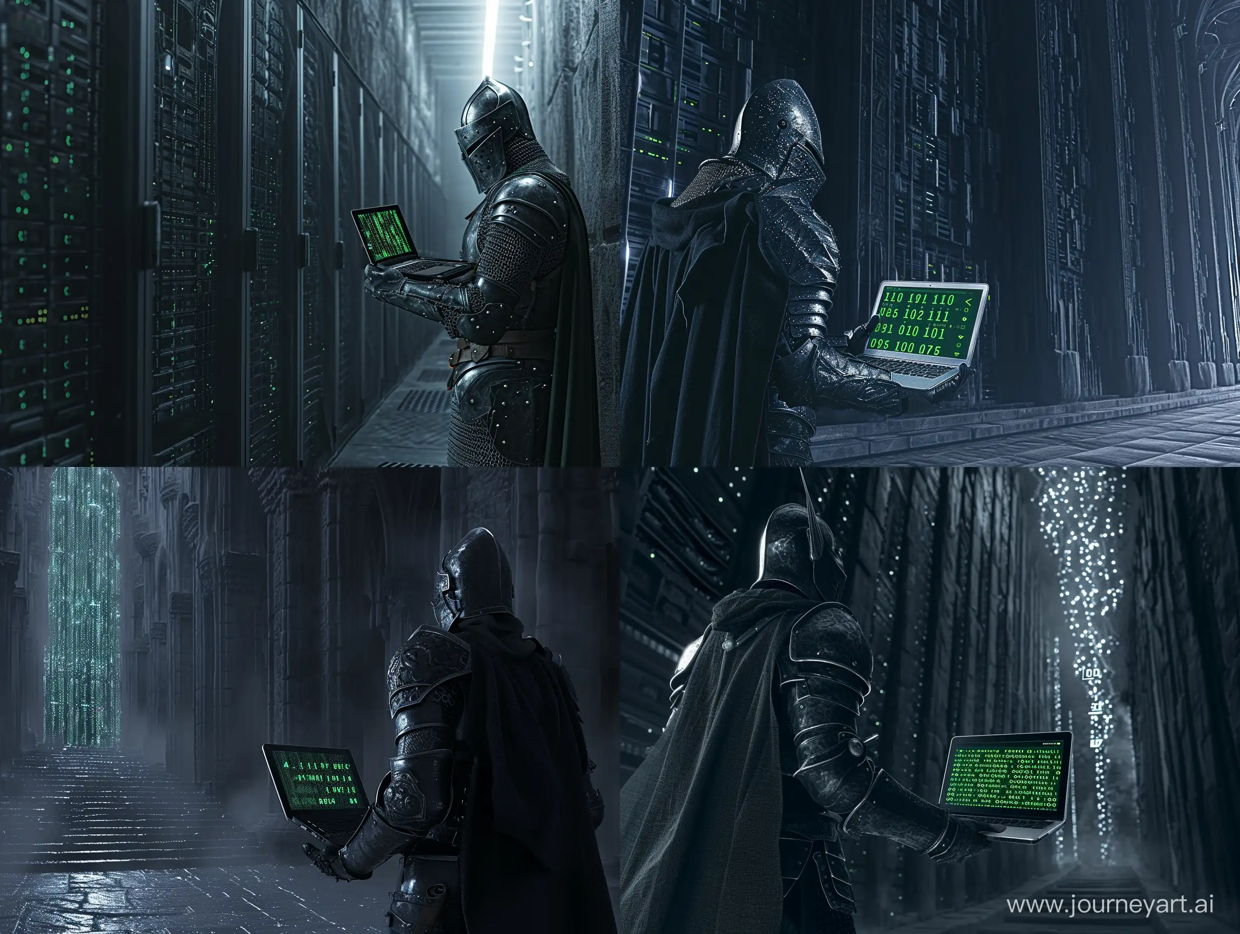 Dark-Medieval-Knight-Confronting-Ominous-Datacenter-with-Binary-Code-Laptop