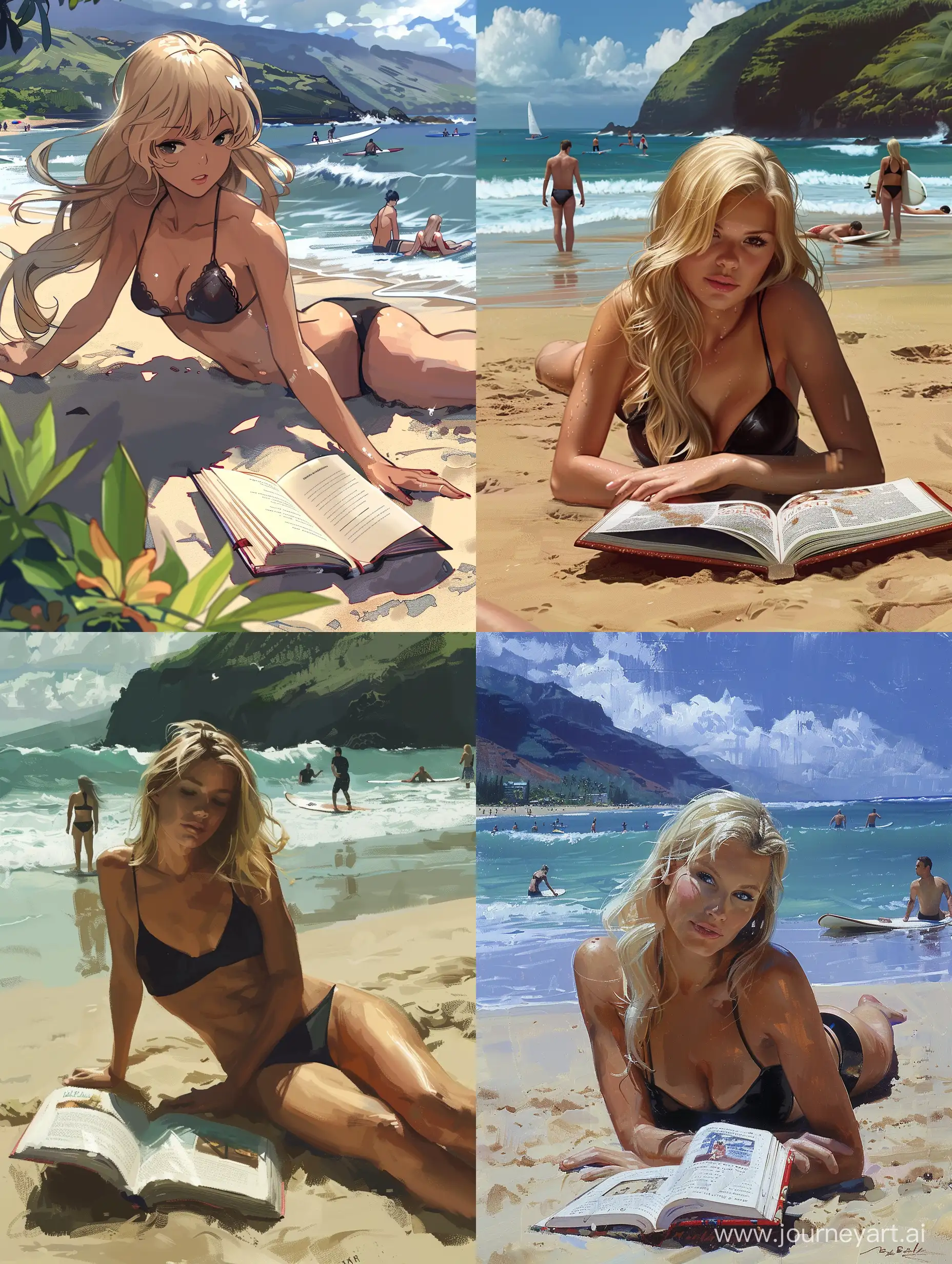 美丽的金发女孩身穿黑色比基尼在夏威夷海滩躺着，身边放着一本摊开的小说，远处是冲浪的男女