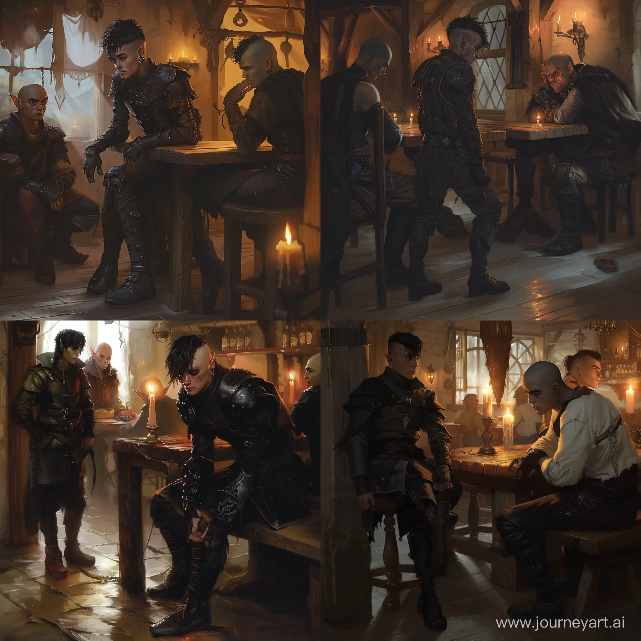 young mage with short black hair and black boots leaves the tavern, his friends are outside - Black-haired half-orc sits next to a bald elf at a wooden table in the tavern and looks after the mage, fantasy realism, digital drawing, high detail, cinematic quality, soft candlelight, soft colors