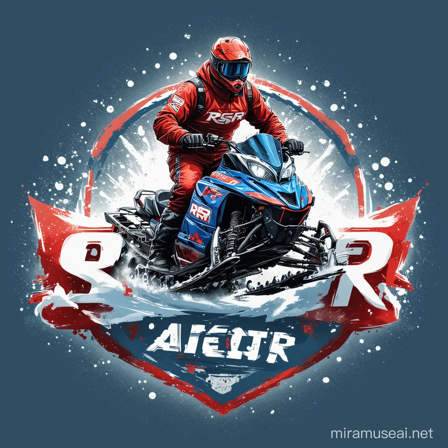Adventurous Man Drifting on Snowmobile RSR Brand Logo in Red Blue and White