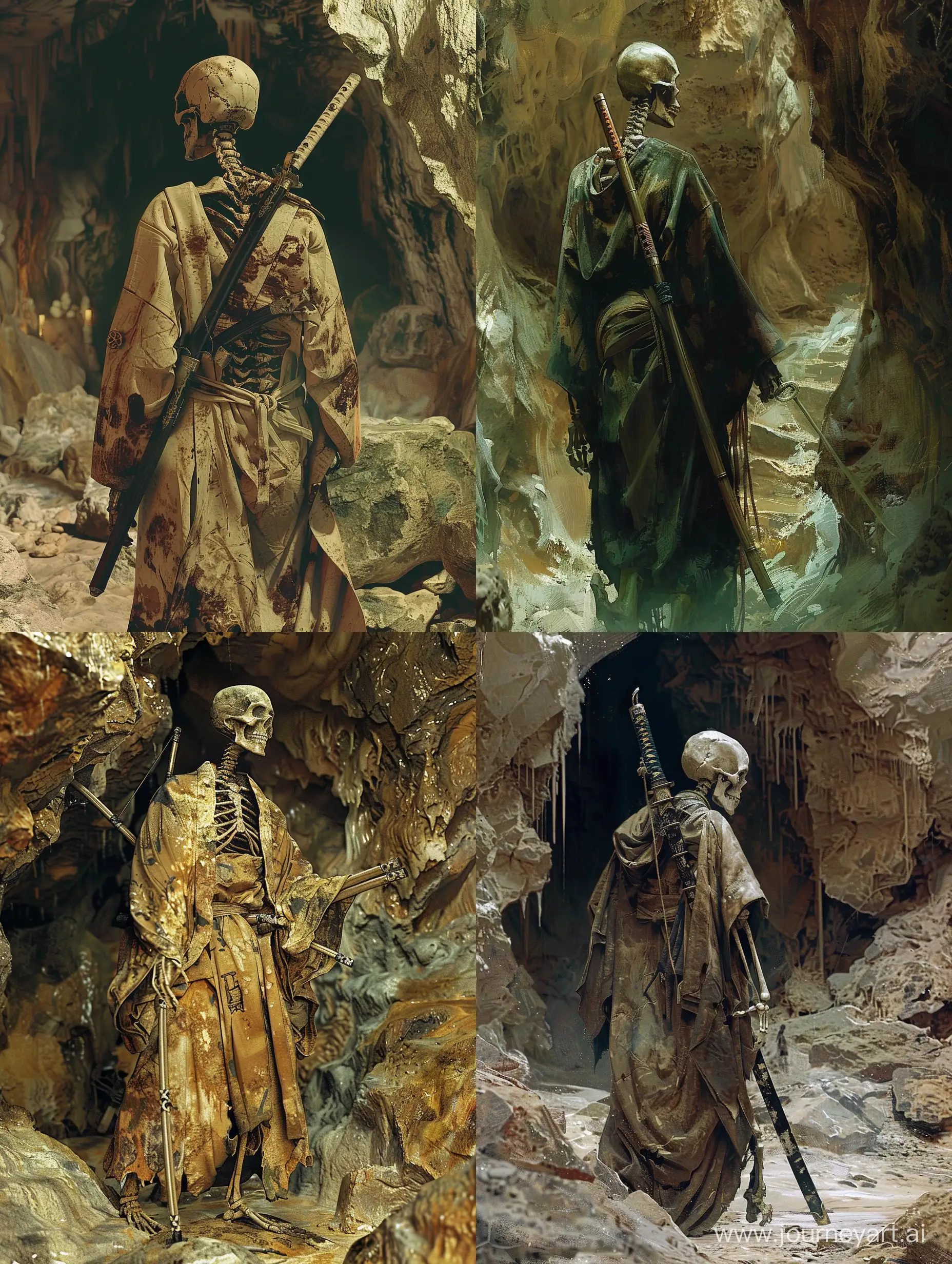 Skeleton warrior with  robe,naginata  on the back , in a cave-like place underground , horror place , incredible detail,terrifying,Digital Art,Imaginary image,fantasy