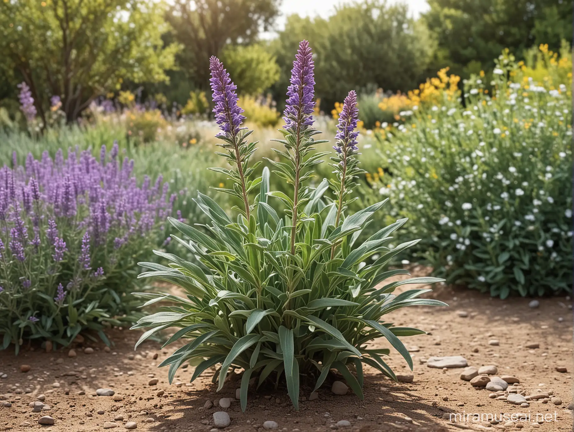 erstelle ein realistisches foto mit einer blühenden salbeipflanze im vordergrund, erstelle eine variante mit der blüte im vordergrund und einem garten im hintergrund