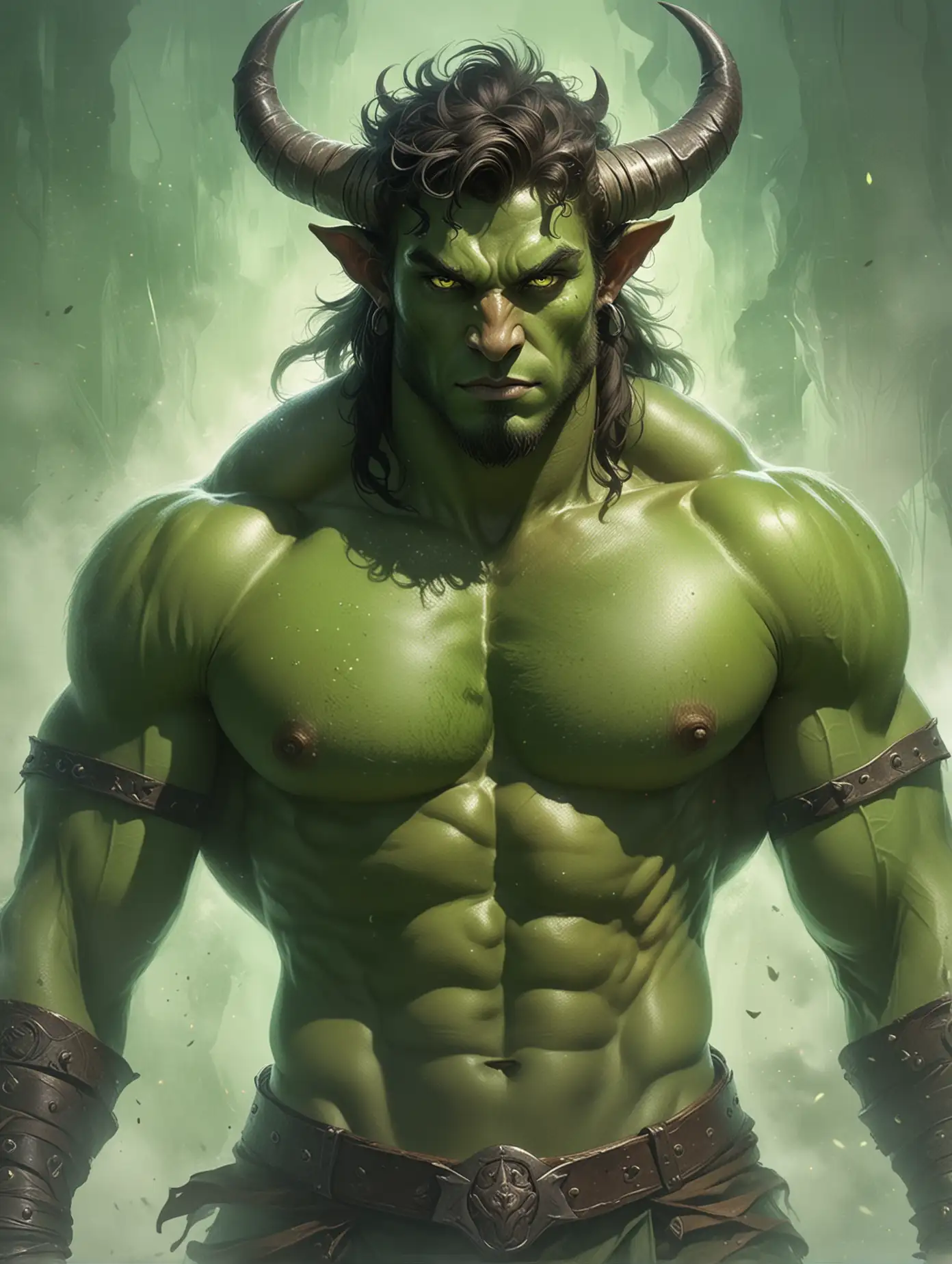 Illustration of a handsome and sexy minotaur, bright green eyes, perfect abs, green fog