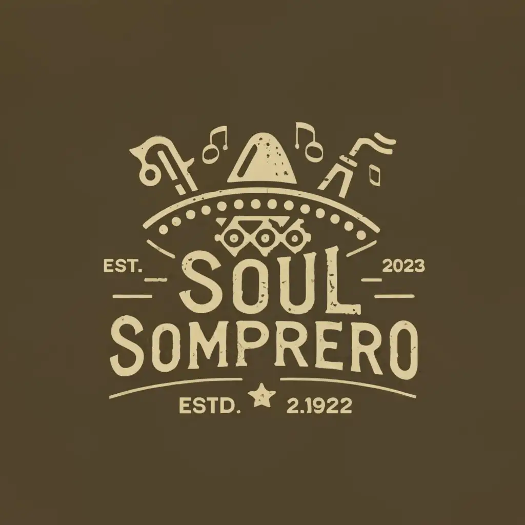 a logo design,with the text "Soul Sombrero", main symbol:mexican and jazz music influenced, weathered rugged style hat, saxophone, music notes,Minimalistic,be used in Entertainment industry,clear background