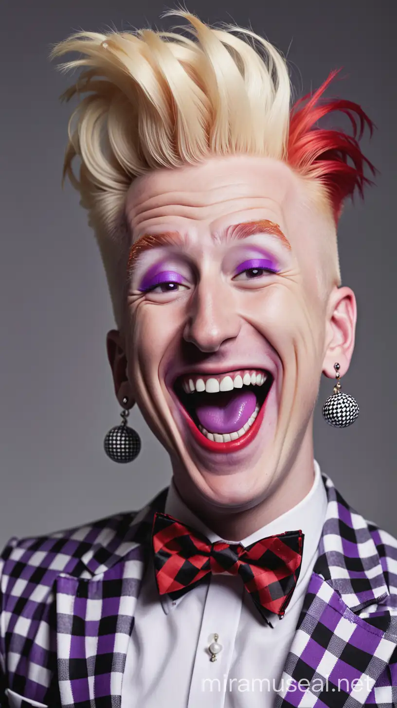 a portrait of bello nock laughing. he is wearing a checkered jacket. black bowtie. white shirt. earrings. red tall hair and the sides are blonde. purple lips. red eyeshadow.