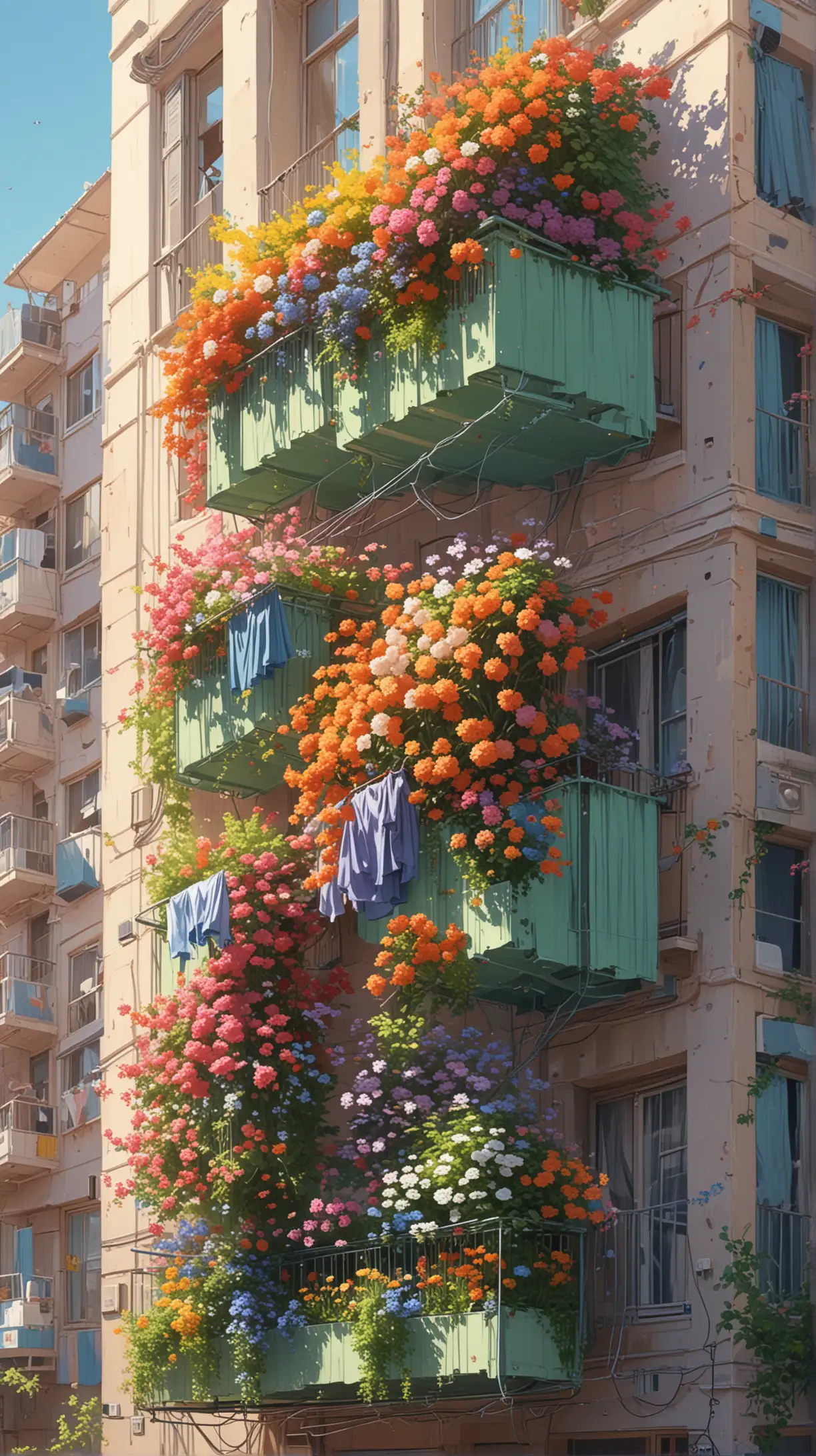 a cascade of vibrant flowers and swaying laundry on the apartment building balconies in sleezy neghbourhood, Air condition boxes on every balconies, beautiful summer, anime, ghibli studio style, trending pixiv fansbox, acryluc palette colors, ultra highly detailed form and line, wire and pole, codex_401 art style