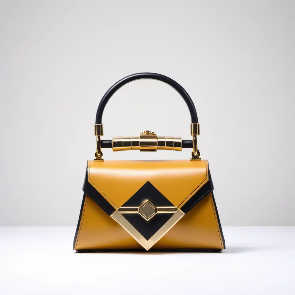 Optical illusions inspired luxury small leather bag - one handle - innovative shape - metal buckle - geometric inserts color block - frontal view -  golden shades  -  luxury stile