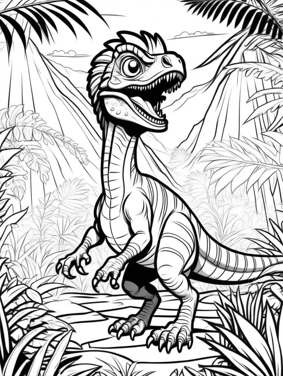 coloring book for kids, dilophosaurus in a jungle, cartoon style, thick lines, low detail, no shading, --ar 9:11