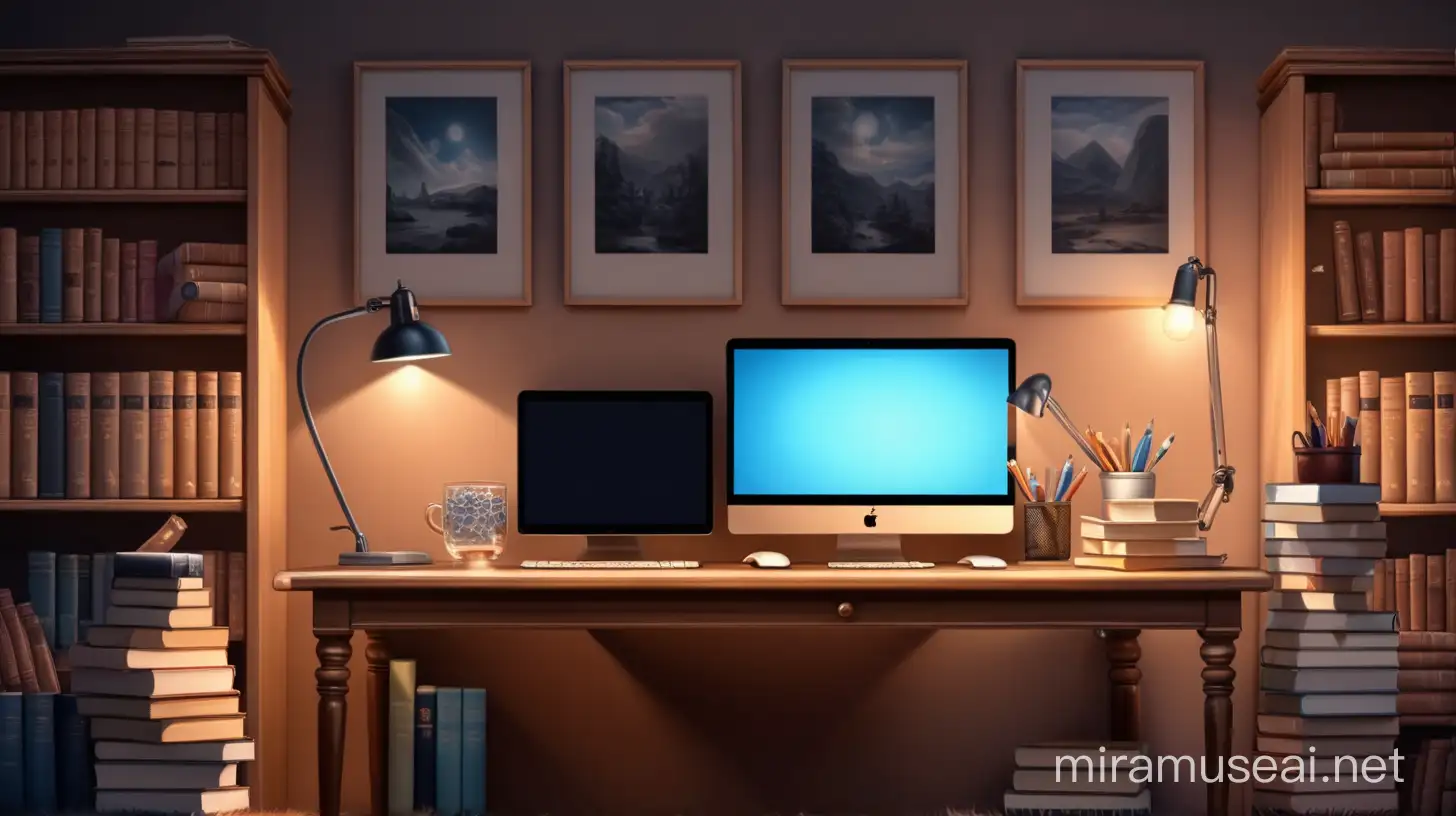 Realistic lighting in the room, realistic background, front view, table and computer, desk, desk filled with books