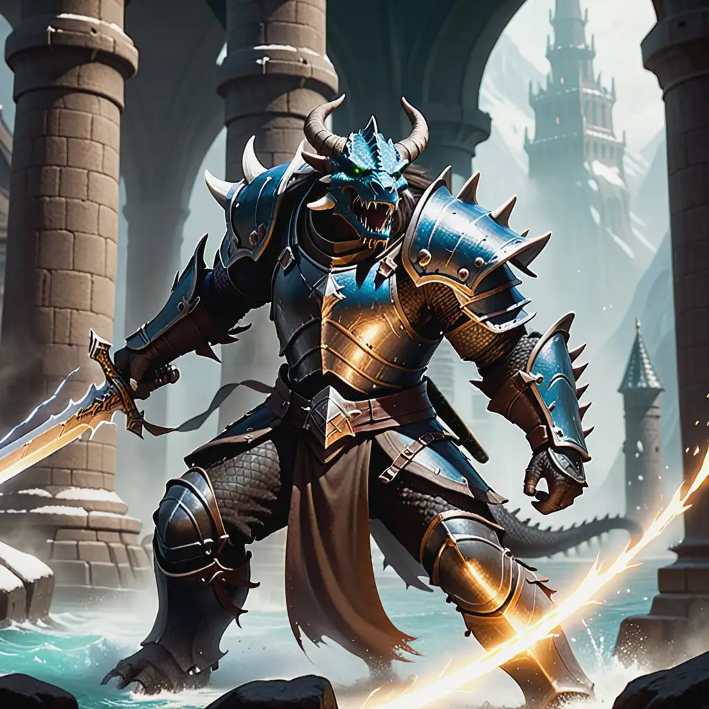 Mighty Dragonborn Dreadnaught Wielding Greatsword in Ferocious Slash Attack