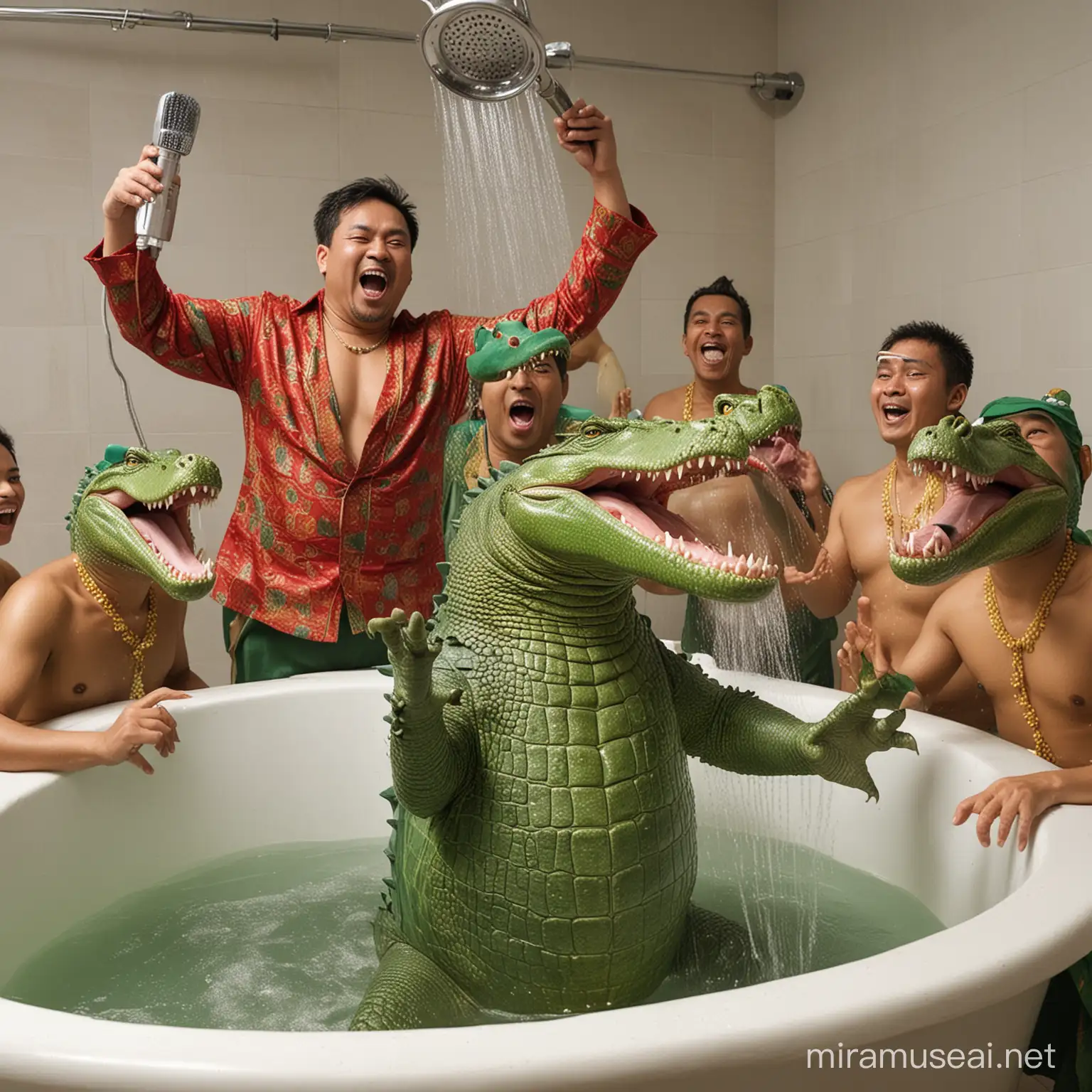 A green crocodile wearing leotard, singing in a bathtub, holding a shower head as microphone, a group of fat men in traditional Malay outfit dancing with him