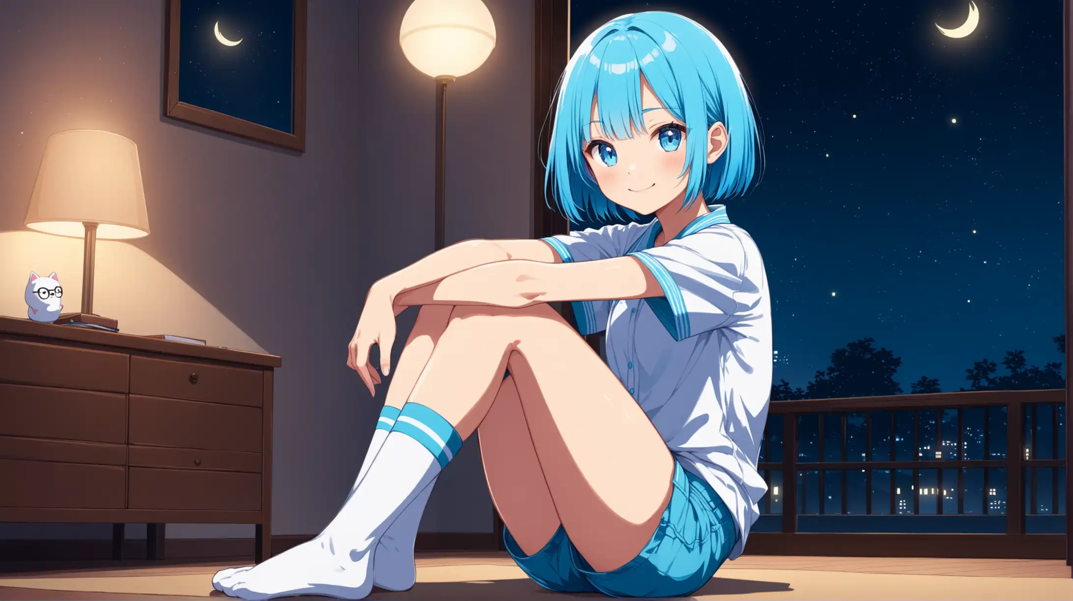 Draw the character Rem sitting in a dynamic pose alone indoors at night while she is wearing high socks with shorts and a shirt and smiling at the viewer