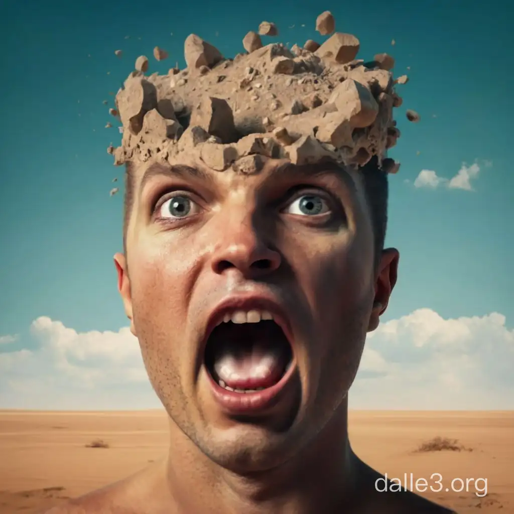 a 3d photo face, looking at viewer, open mouth, tanned skin, man, shocked looking up. His head like a semi broken  open head with sand inside , hyper real, pop surrealism