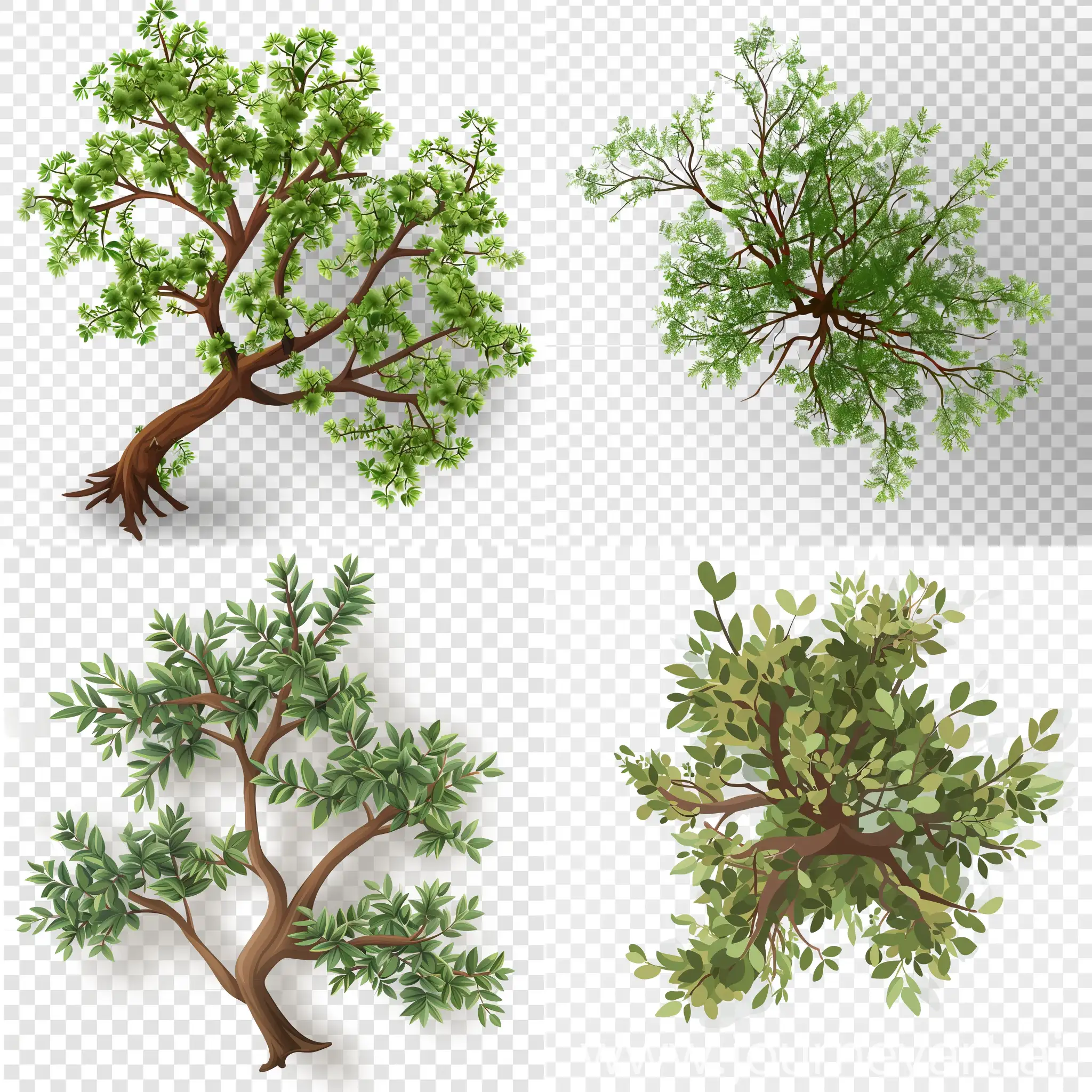 a top-down view of an acacia tree, with delicate green leaves and a brown trunk, in a cartoon style, on a transparent background.