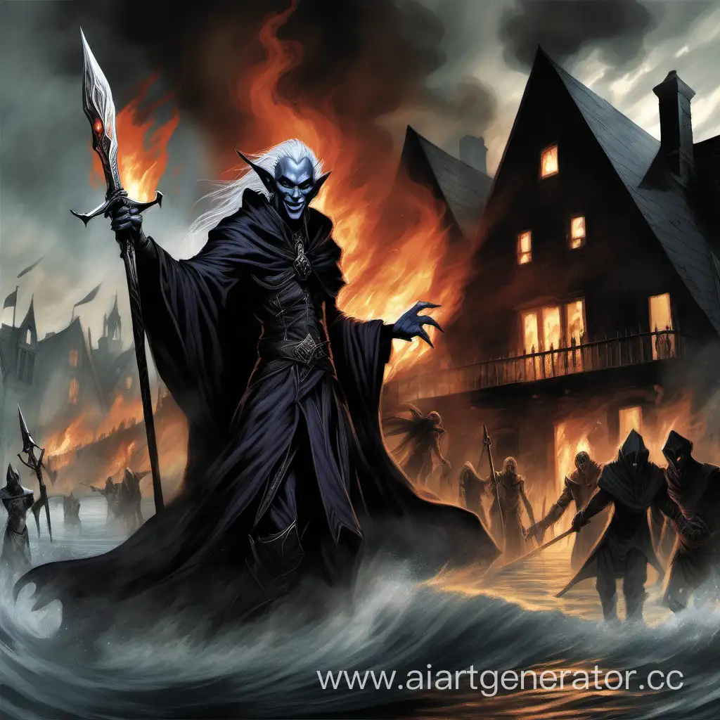 Sinister-Drow-Emerges-from-Burning-House-with-Fiery-Sword-and-Dark-Magic