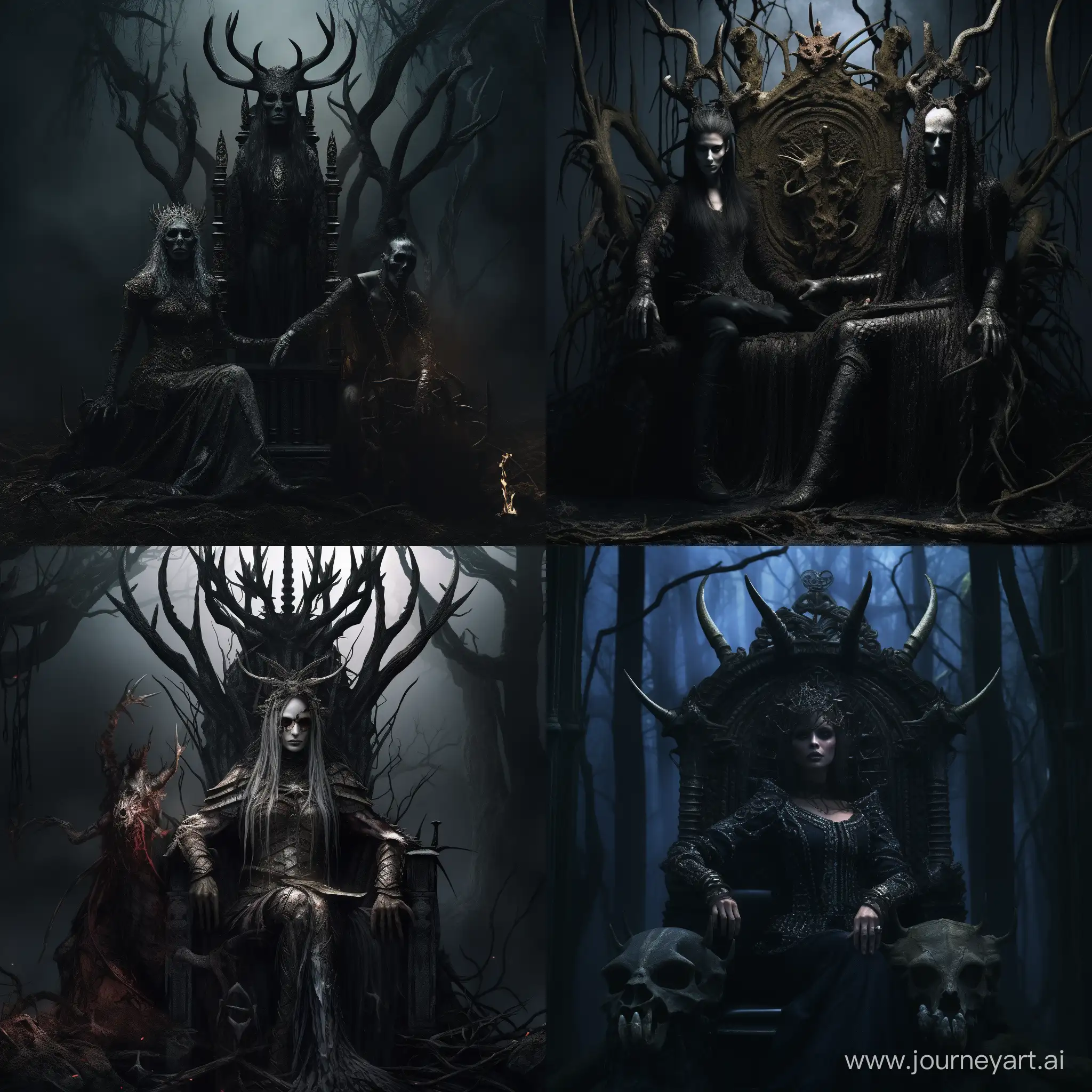 Dark forest queen and metalhead demon sitting on thrones