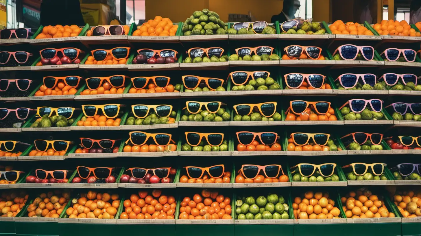 Stylish Sunglasses Showcase at Vibrant Indoor Fruit and Vegetable Market