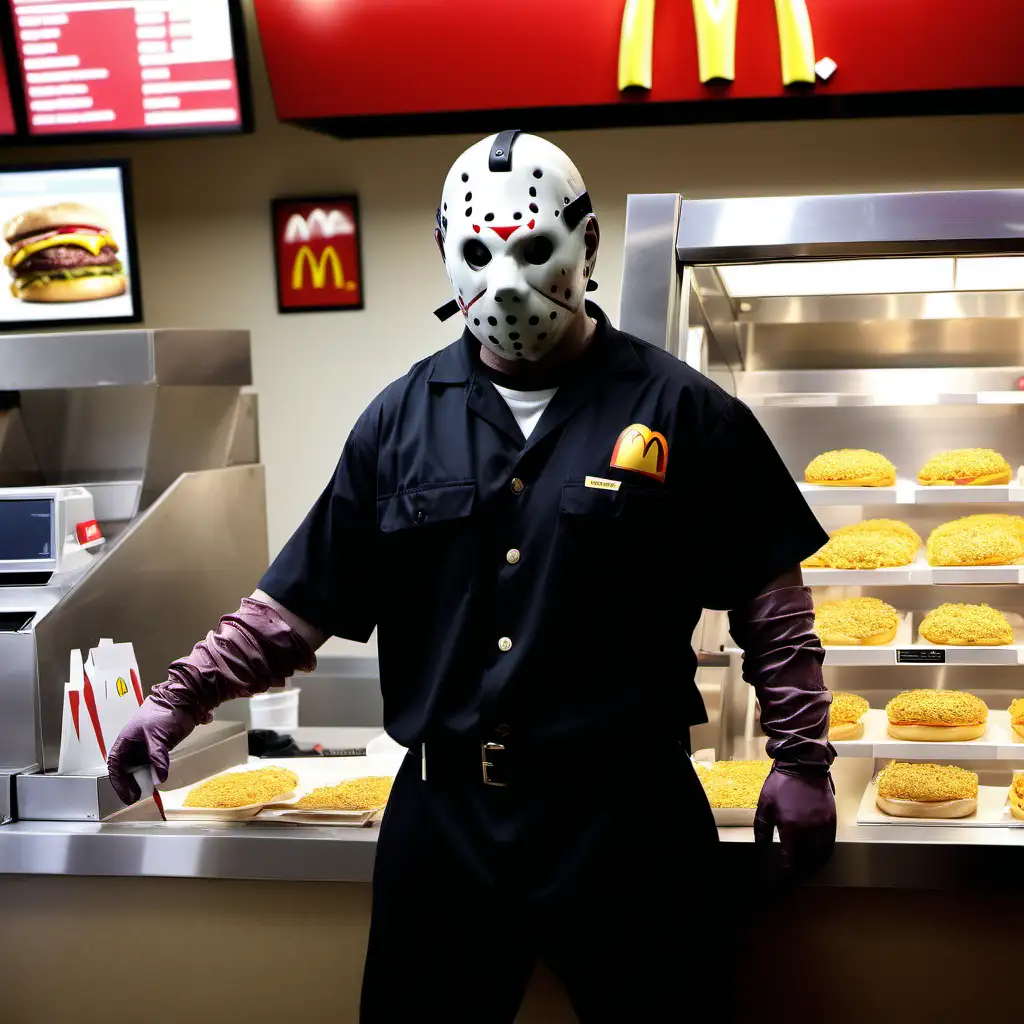 Jason Vorhees in unform working at McDonald's serving customers 