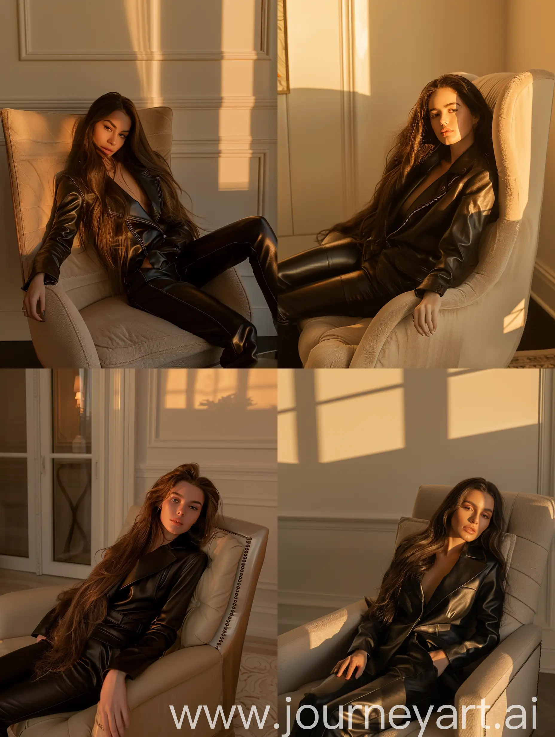 Brunette-Woman-in-Chic-Leather-Suit-Relaxing-on-Beige-Chair-in-Sunsetlit-Apartment